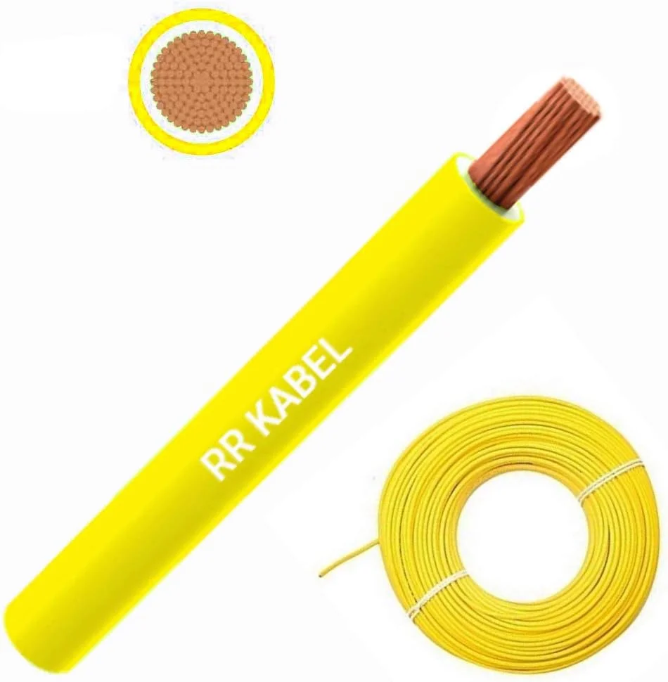 کابل های انعطاف پذیر تک هسته ای مسی خالص چند رشته ای RR | هادی الکترولیتی سه ردیفه تا 105 درجه سانتیگراد سیم پنل الکتریکی مقاوم در برابر آتش | مطابق با BS6231 ISO9001 CE رول 100 یاردی (90 متری) (0.5 میلی متر، زرد)
