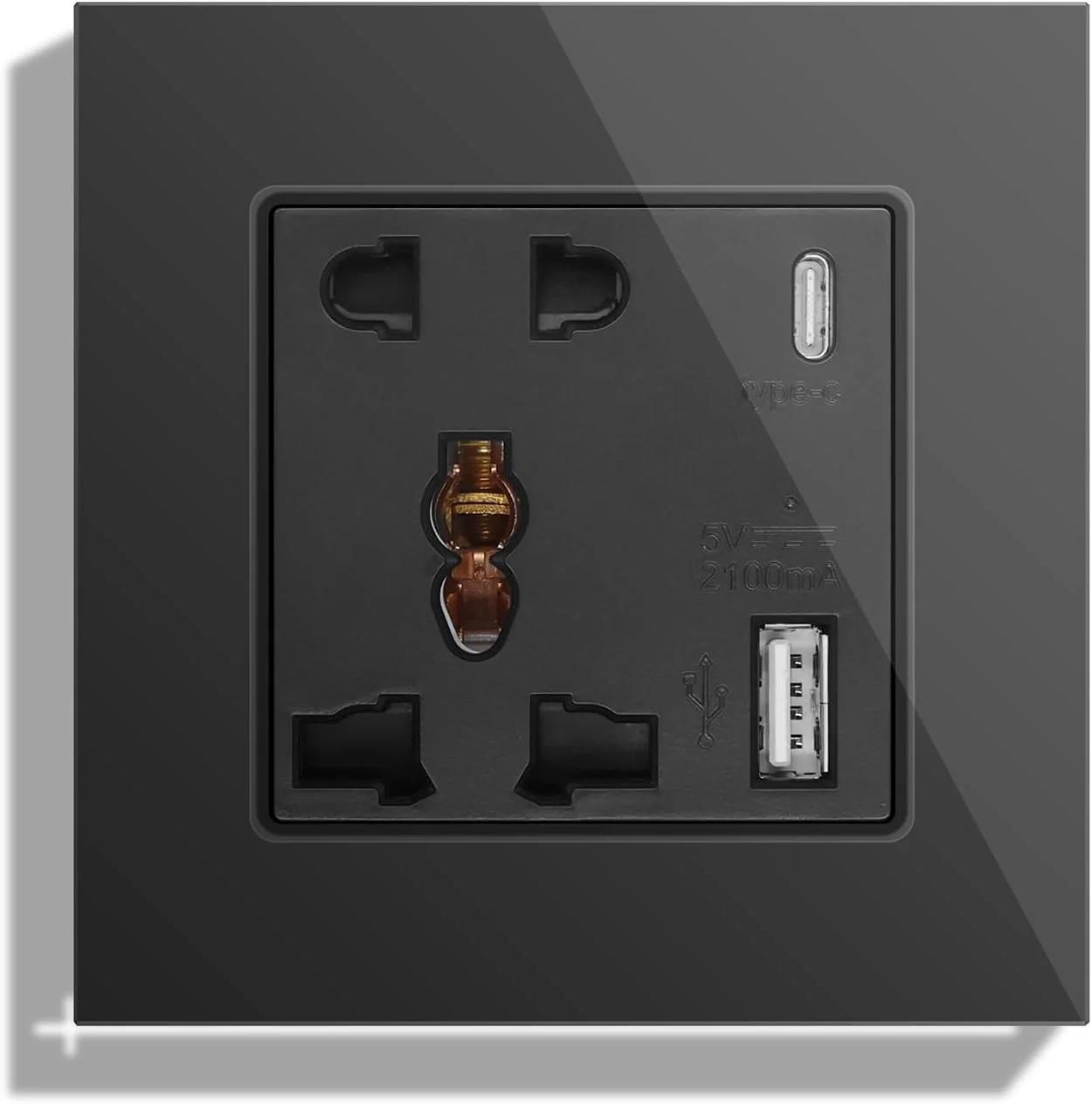 پریز برق دیواری یونیورسال BSEED تک پل 5 پین با USB C و USB A - مشکی، پریز برق چندکاره، پریز برق با پنل شیشه‌ای مناسب برای بیش از 180 کشور (بدون کلید)