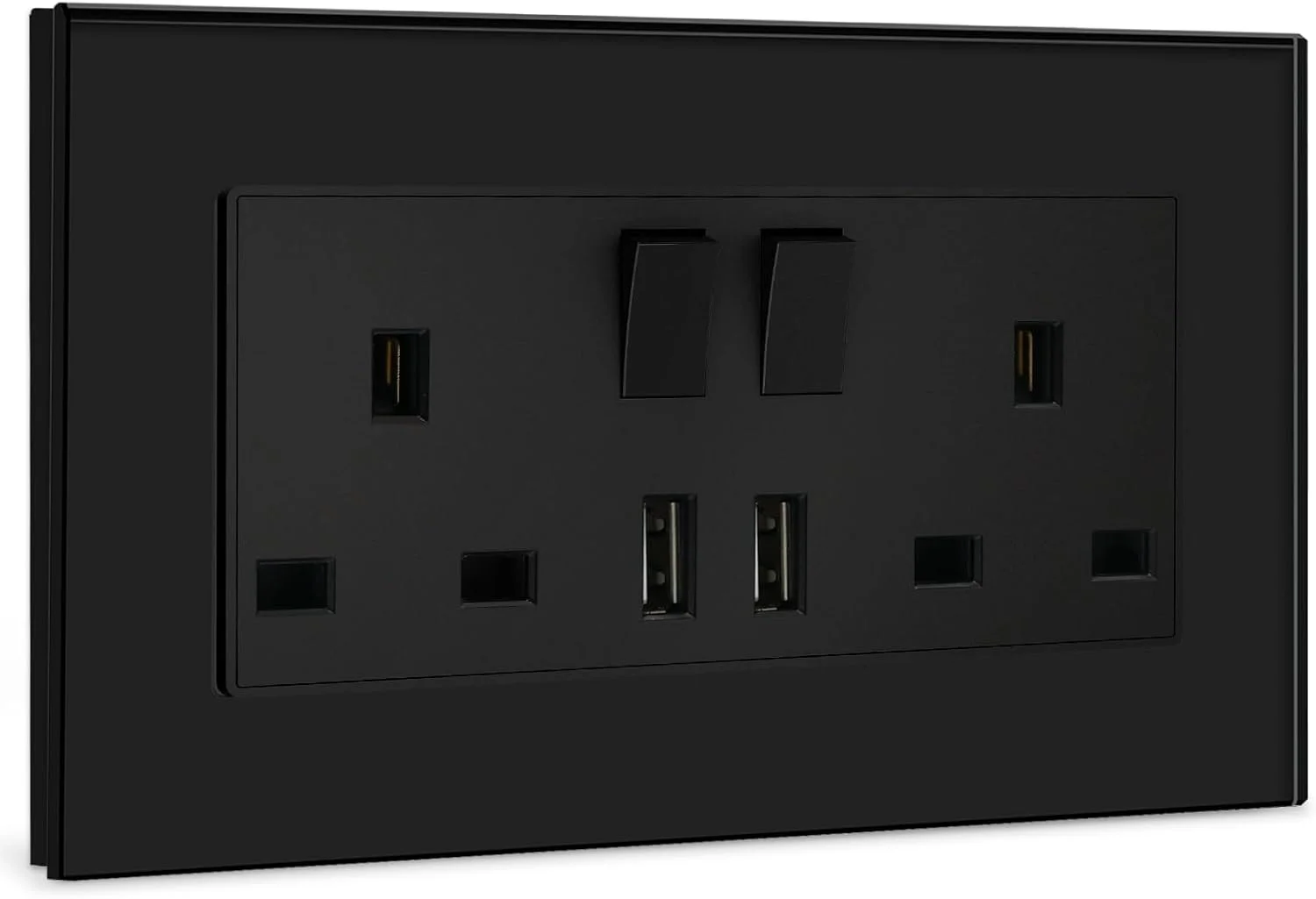 پریز دیواری دو قلو BSEED مشکی با دو پورت شارژ USB، پریز برق دیواری 13 آمپر با پنل شیشه ای