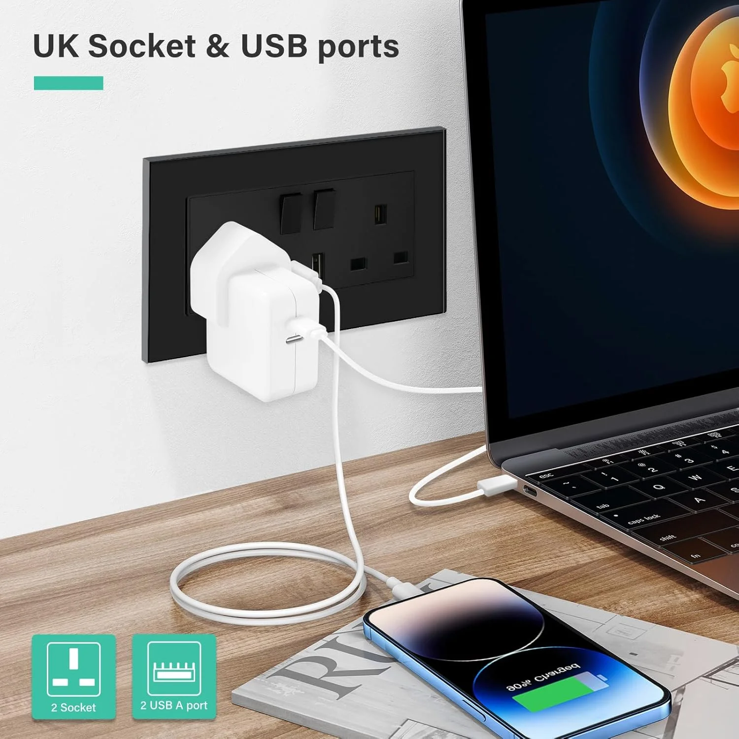 پریز دیواری دو قلو BSEED مشکی با دو پورت شارژ USB، پریز برق دیواری 13 آمپر با پنل شیشه ای پریز دیواری دو قلو BSEED مشکی با دو پورت شارژ USB، پریز برق دیواری 13 آمپر با پنل شیشه ای