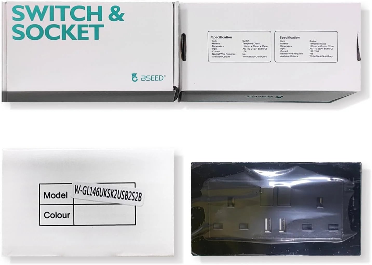 پریز دیواری دو قلو BSEED مشکی با دو پورت شارژ USB، پریز برق دیواری 13 آمپر با پنل شیشه ای پریز دیواری دو قلو BSEED مشکی با دو پورت شارژ USB، پریز برق دیواری 13 آمپر با پنل شیشه ای