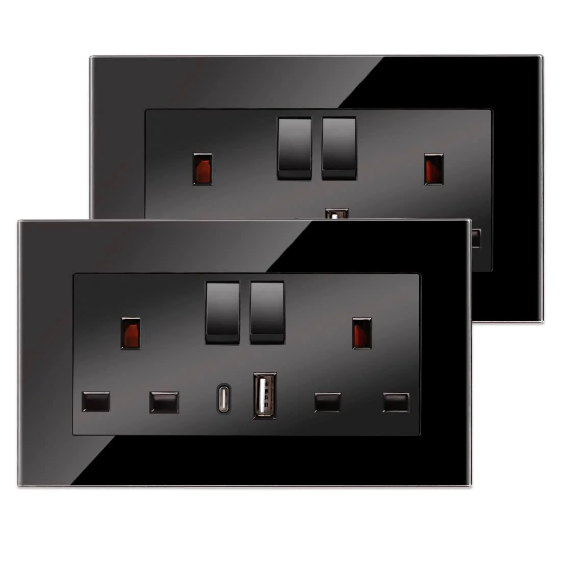 پک 2 عددی پریز دوتایی شیشه ای CNBINGO با پورت های شارژ USB-A و Type-C (خروجی 2.1 آمپر)، پریز دیواری پنل شیشه ای مشکی حرارت دیده، پریز برق 2 گنگ 13 آمپر