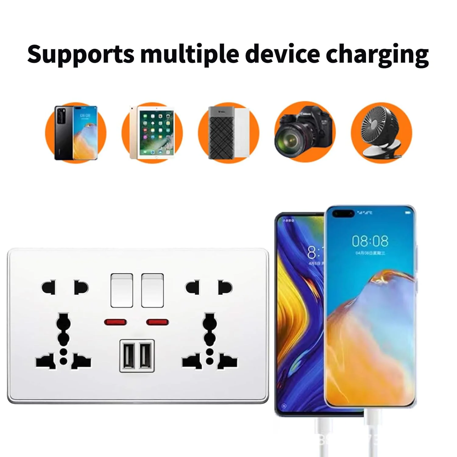 پریز دیواری Tujafon، پریز دیواری با رابط USB، پنل پریز برق آداپتور شارژر برای استفاده در خانه و محل کار (مشکی، دو سوراخ)