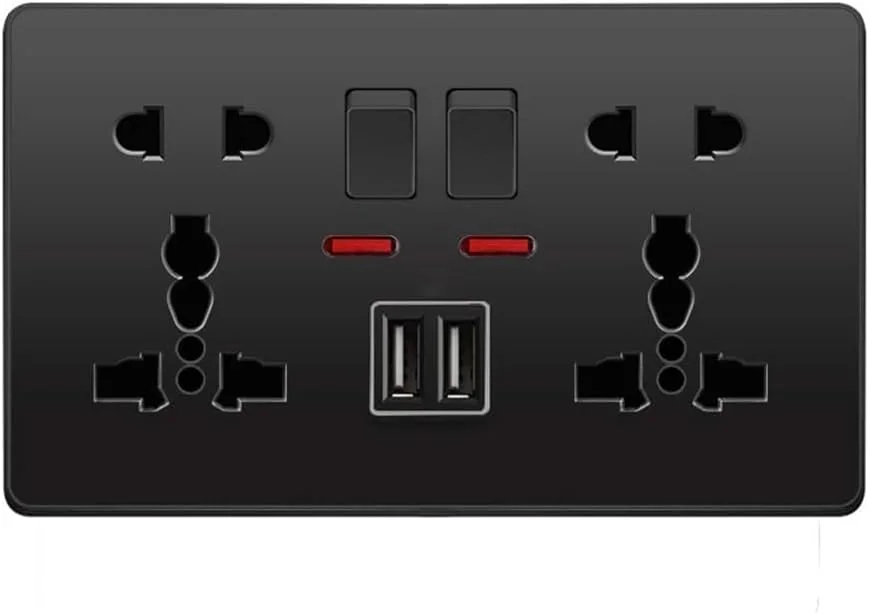پریز دیواری Yuhestdy، پریز دیواری با رابط USB، پنل پریز آداپتور شارژر (مشکی، دو سوراخ)