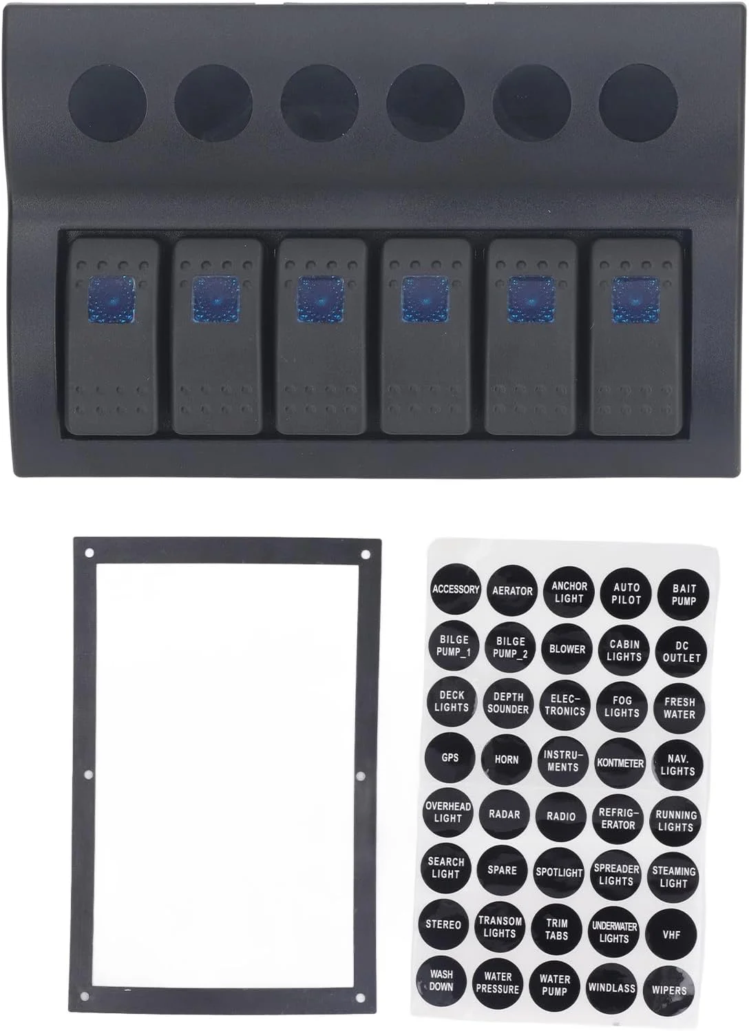 پنل سوئیچ برق 6 گانه Luocute، ضد آب IP65 DC12V 24V دریایی از پیش سیم کشی شده با محافظ اضافه بار، برای قایق ها، RV ها، قایق های تفریحی، اتوبوس ها، چراغ ها