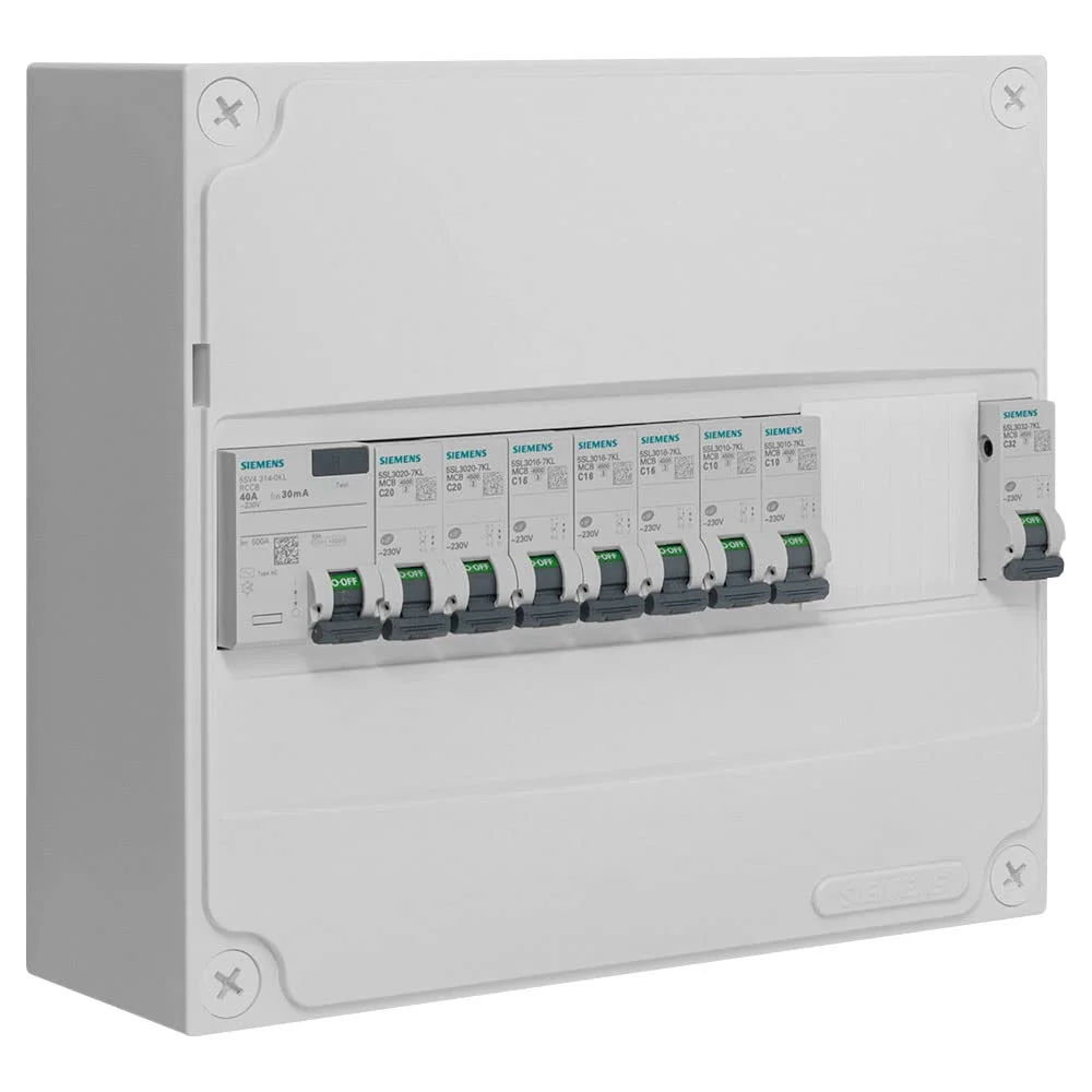 SIEMENS Panel 1 Row Pre-Fitted 1 Inter. Diff. 40A Type AC + 8 Circuit Breakers