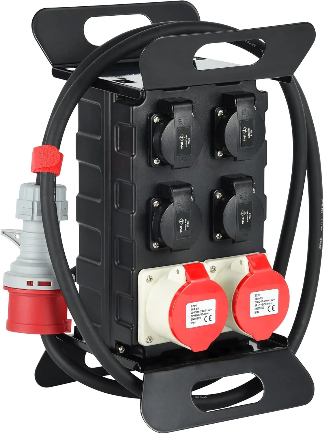 تابلو برق ساختمانی Electraline 60428 با کلید ایمنی RCD 30mA، 4 پریز شوکو + 2 پریز صنعتی EEC، کابل 2 متری H07RN-F 5G2.5 mm² IP44