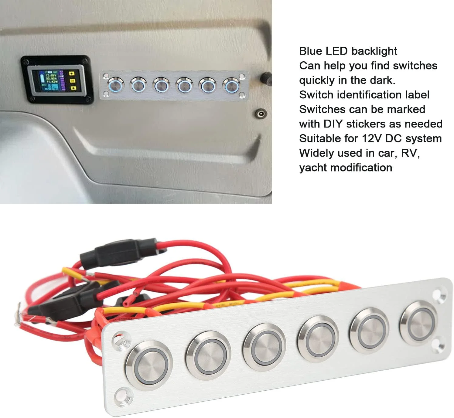 پنل سوئیچ 6 گانه استیل ضد زنگ Luqeeg، نور پس زمینه LED آبی، استیکرهای DIY متعدد، 12 ولت 16 آمپر توان بالا، برای سیستم 12 ولت DC خودرو، RV، قایق بادبانی پنل سوئیچ 6 گانه استیل ضد زنگ Luqeeg، نور پس زمینه LED آبی، استیکرهای DIY متعدد، 12 ولت 16 آمپر توان بالا، برای سیستم 12 ولت DC خودرو، RV، قایق بادبانی