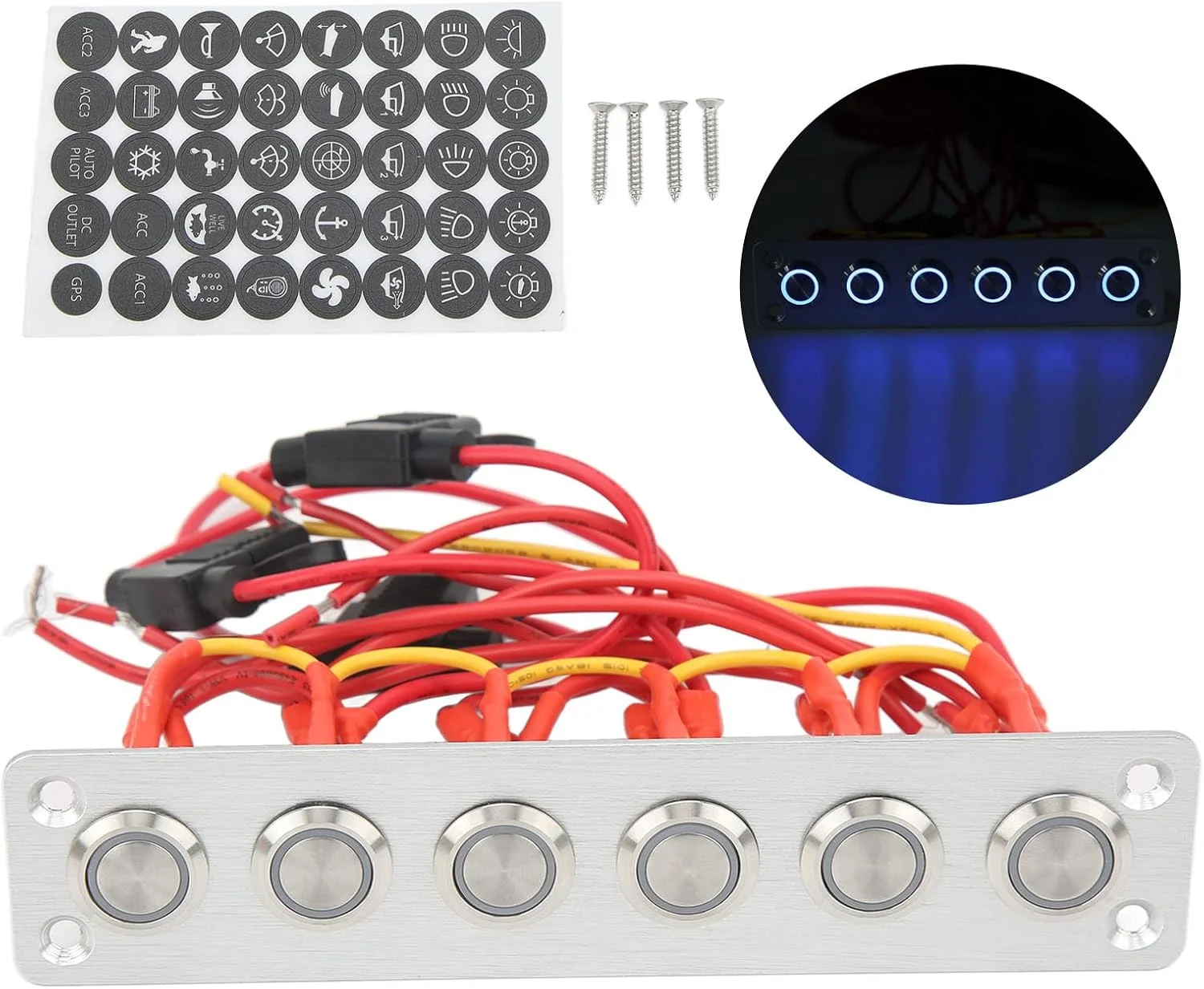 پنل سوئیچ 6 گانه استیل ضد زنگ Luqeeg، نور پس زمینه LED آبی، استیکرهای DIY متعدد، 12 ولت 16 آمپر توان بالا، برای سیستم 12 ولت DC خودرو، RV، قایق بادبانی پنل سوئیچ 6 گانه استیل ضد زنگ Luqeeg، نور پس زمینه LED آبی، استیکرهای DIY متعدد، 12 ولت 16 آمپر توان بالا، برای سیستم 12 ولت DC خودرو، RV، قایق بادبانی
