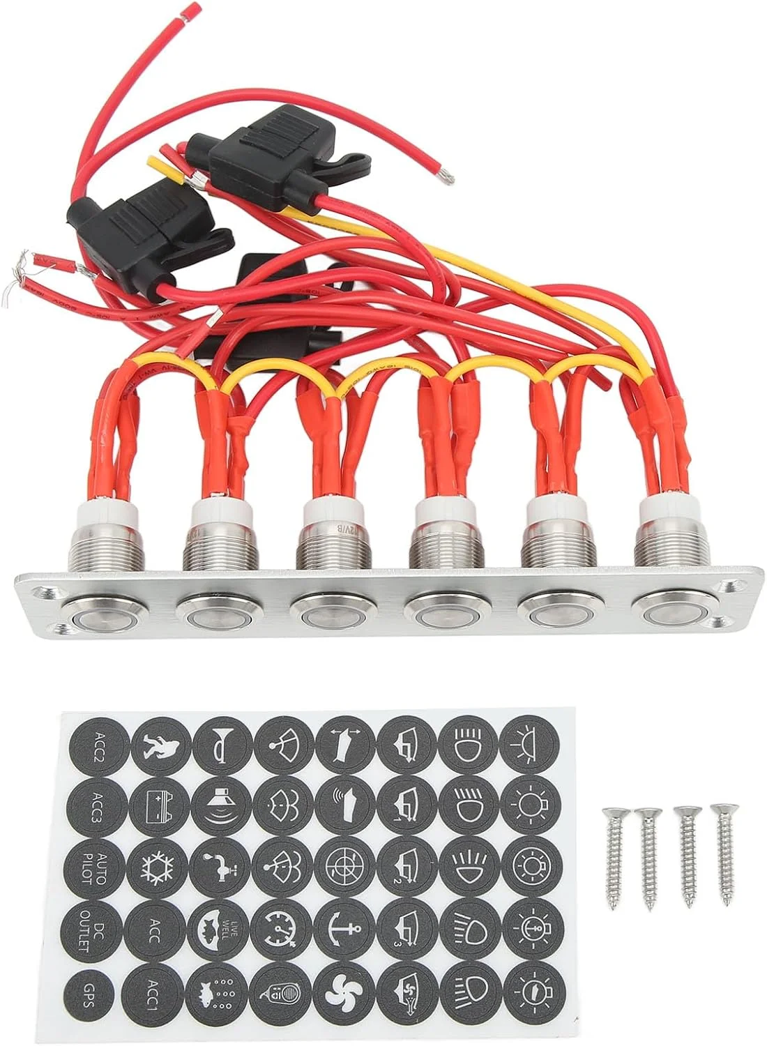 پنل سوئیچ 6 گانه استیل ضد زنگ Luqeeg، نور پس زمینه LED آبی، استیکرهای DIY متعدد، 12 ولت 16 آمپر توان بالا، برای سیستم 12 ولت DC خودرو، RV، قایق بادبانی پنل سوئیچ 6 گانه استیل ضد زنگ Luqeeg، نور پس زمینه LED آبی، استیکرهای DIY متعدد، 12 ولت 16 آمپر توان بالا، برای سیستم 12 ولت DC خودرو، RV، قایق بادبانی