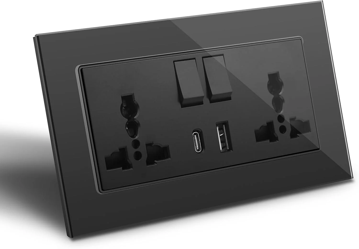 پریز دیواری دو قلو BSEED با USB C و USB A - 2 پل مشکی، پریز دیواری چند منظوره، پریز برق با پنل شیشه ای قابل استفاده برای بیش از 180 نوع دوشاخه