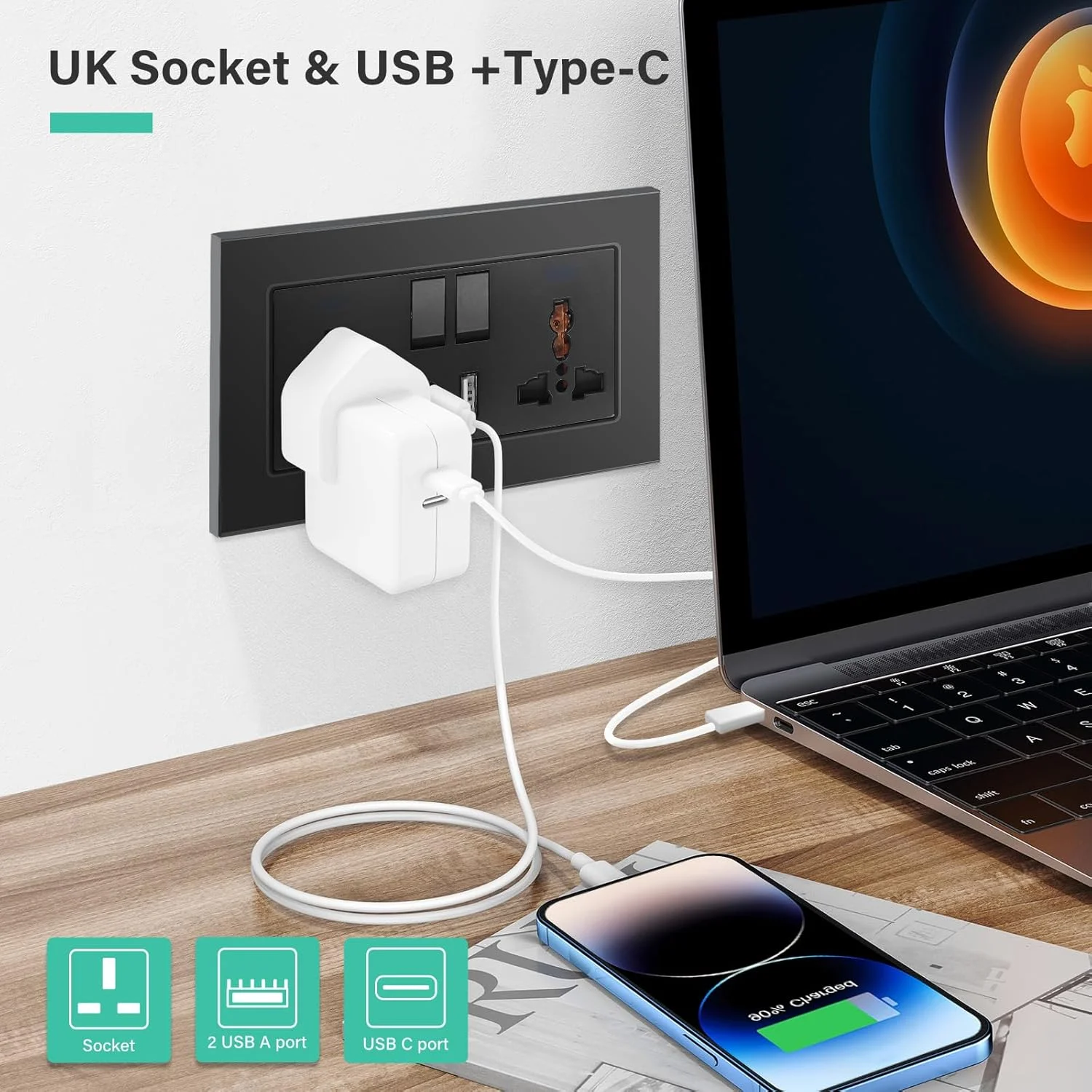 پریز دیواری دو قلو BSEED با USB C و USB A - 2 پل مشکی، پریز دیواری چند منظوره، پریز برق با پنل شیشه ای قابل استفاده برای بیش از 180 نوع دوشاخه