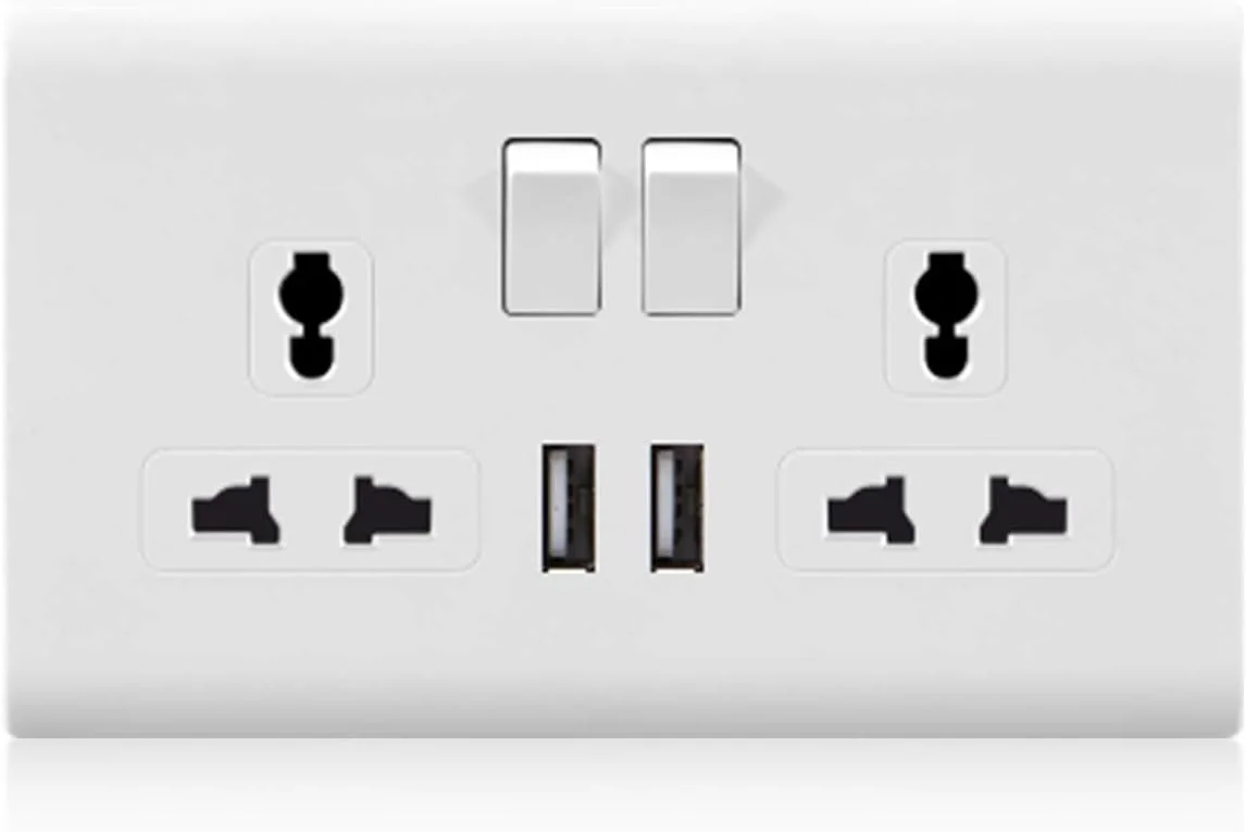 پریز دیواری دو قلو MODI با 2 خروجی USB | پریز دیواری یونیورسال دو سوئیچه مقاوم در برابر دستکاری | آداپتور شارژر پریز دیواری دوبلکس، سفید