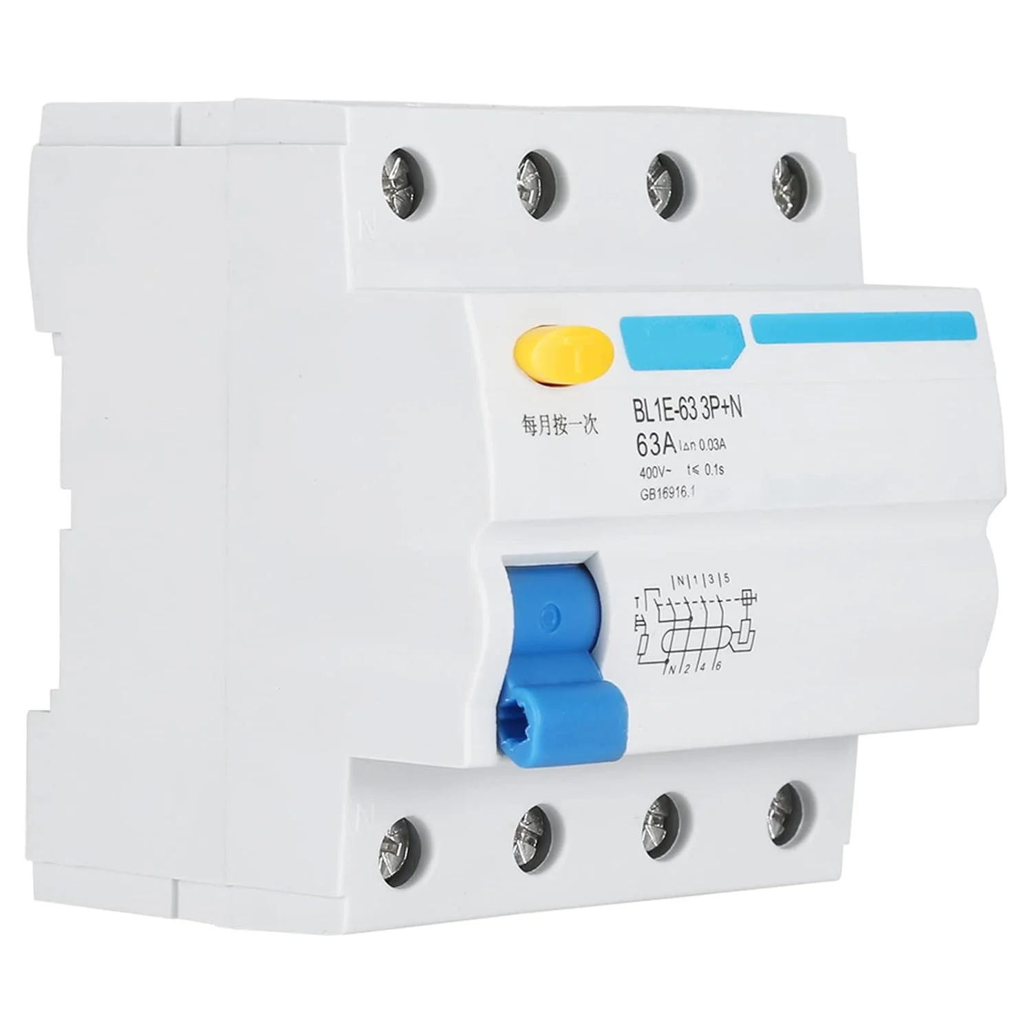 کلید محافظ جان BL1E-63 3P+N 63A RCCB، کلید قطع جریان نشتی 230 ولت 30 میلی آمپر