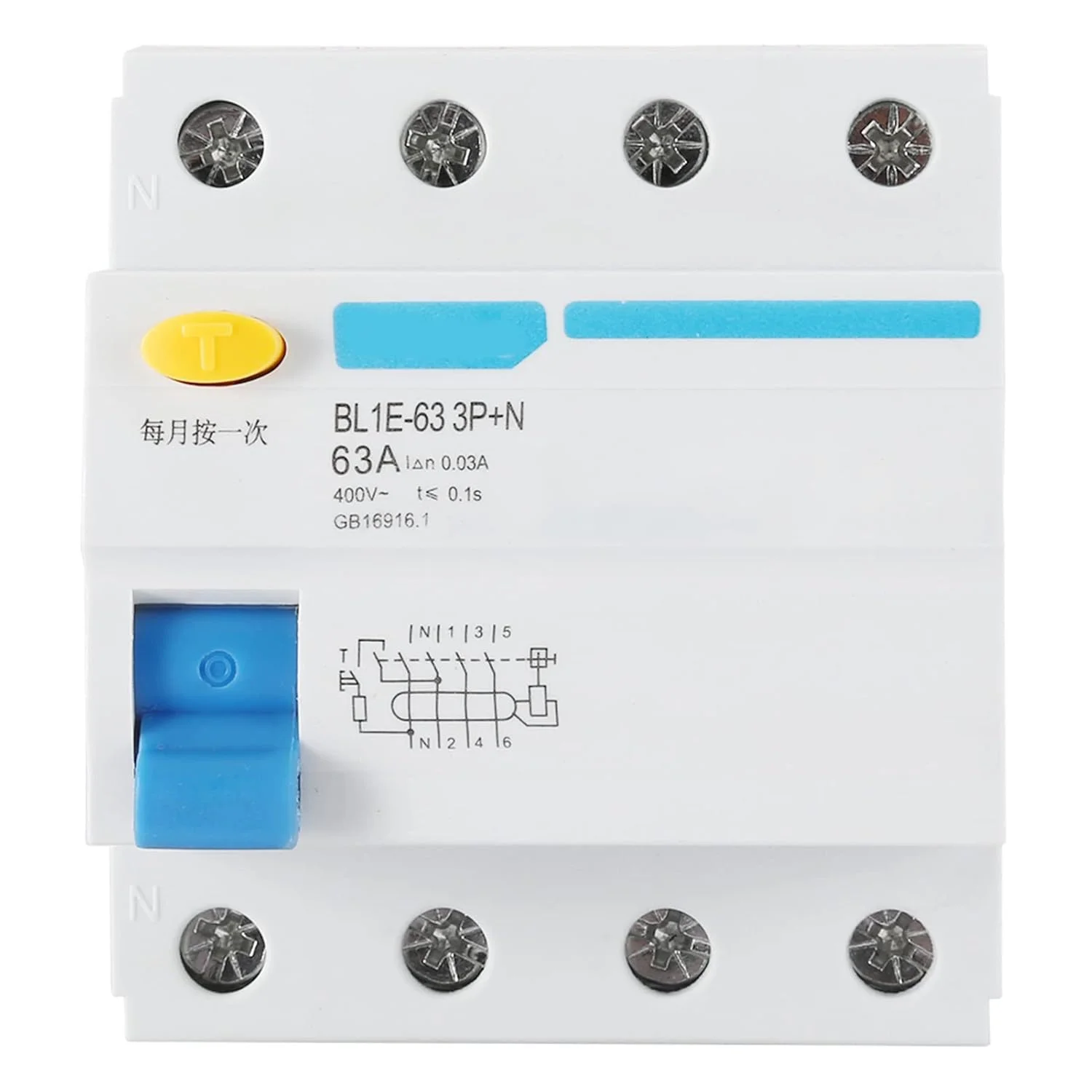 کلید محافظ جان BL1E-63 3P+N 63A RCCB، کلید قطع جریان نشتی 230 ولت 30 میلی آمپر