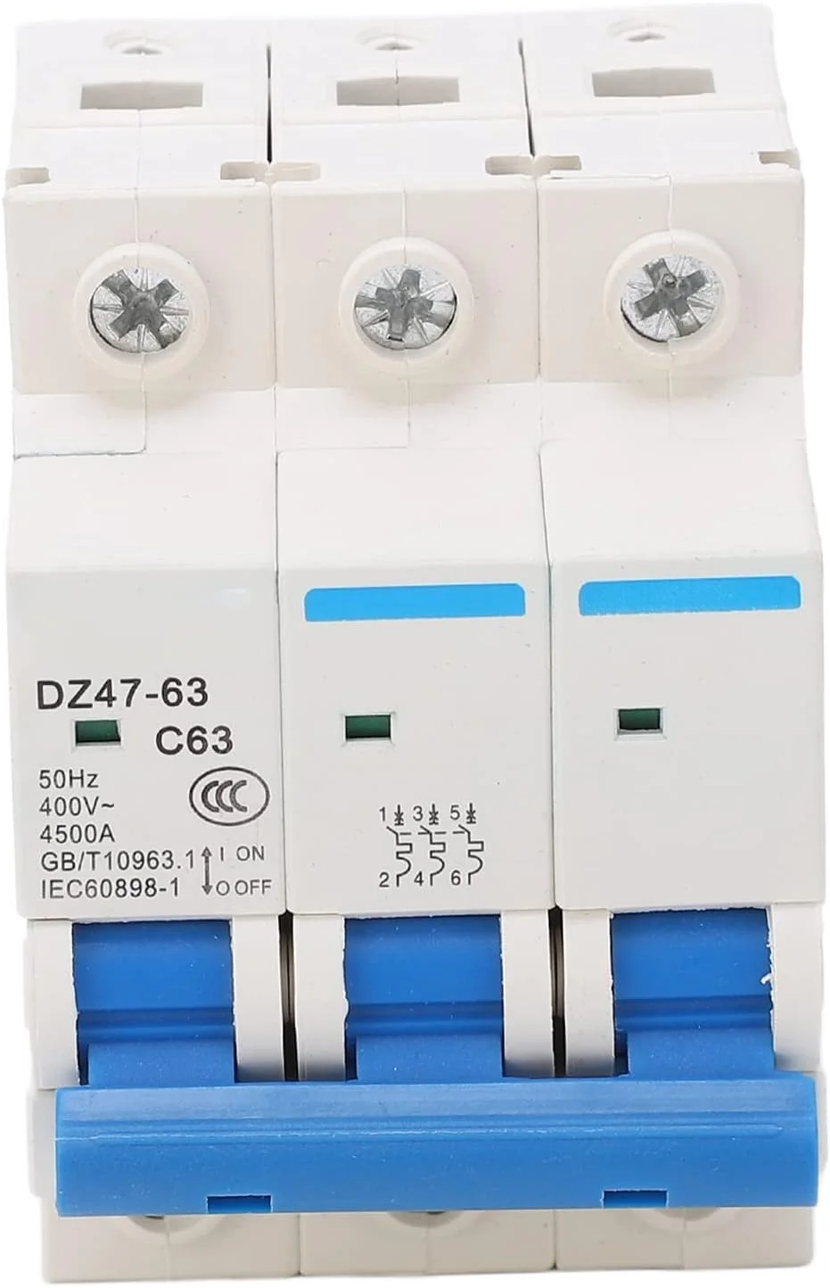 مینیاتوری مدار شکن DZ4763 C63 3P، 63 آمپر AC 400 ولت با ظرفیت شکست 4500 آمپر، نصب روی ریل DIN با حفاظت از اضافه بار و اتصال کوتاه برای دفتر و خانه