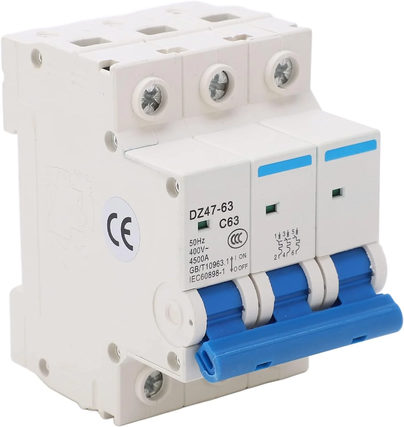 مینیاتوری مدار شکن DZ4763 C63 3P، 63 آمپر AC 400 ولت با ظرفیت شکست 4500 آمپر، نصب روی ریل DIN با حفاظت از اضافه بار و اتصال کوتاه برای دفتر و خانه مینیاتوری مدار شکن DZ4763 C63 3P، 63 آمپر AC 400 ولت با ظرفیت شکست 4500 آمپر، نصب روی ریل DIN با حفاظت از اضافه بار و اتصال کوتاه برای دفتر و خانه