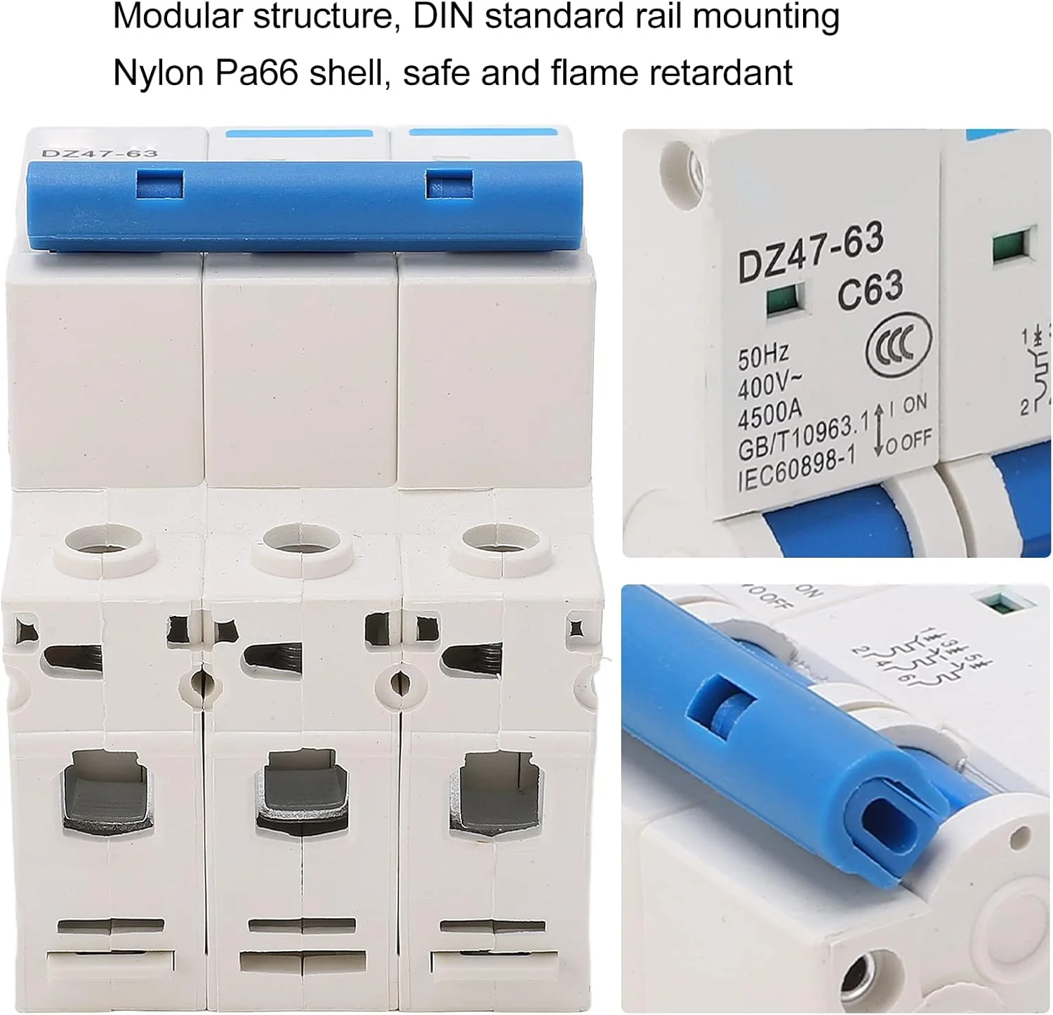 مینیاتوری مدار شکن DZ4763 C63 3P، 63 آمپر AC 400 ولت با ظرفیت شکست 4500 آمپر، نصب روی ریل DIN با حفاظت از اضافه بار و اتصال کوتاه برای دفتر و خانه مینیاتوری مدار شکن DZ4763 C63 3P، 63 آمپر AC 400 ولت با ظرفیت شکست 4500 آمپر، نصب روی ریل DIN با حفاظت از اضافه بار و اتصال کوتاه برای دفتر و خانه