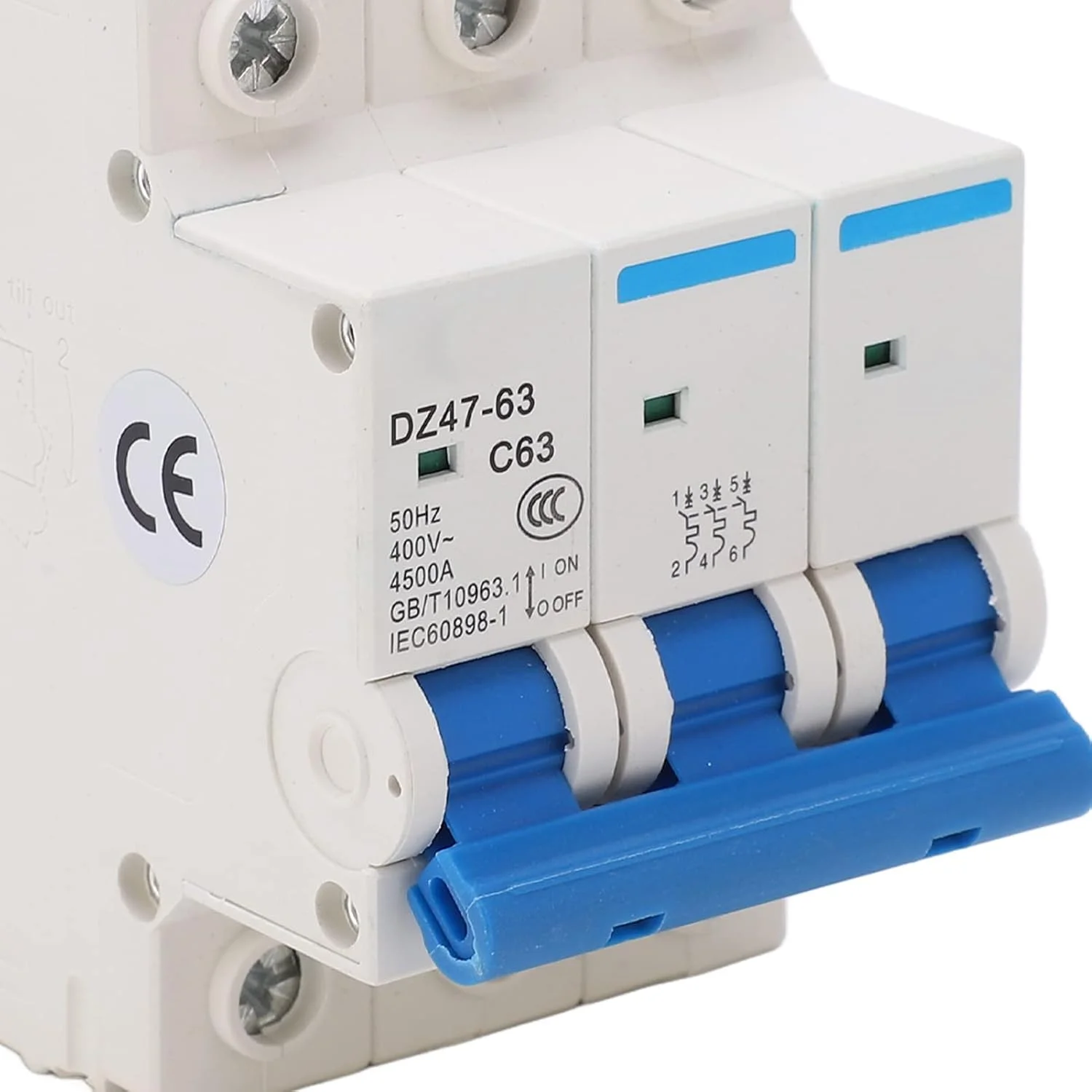 مینیاتوری مدار شکن DZ4763 C63 3P، 63 آمپر AC 400 ولت با ظرفیت شکست 4500 آمپر، نصب روی ریل DIN با حفاظت از اضافه بار و اتصال کوتاه برای دفتر و خانه مینیاتوری مدار شکن DZ4763 C63 3P، 63 آمپر AC 400 ولت با ظرفیت شکست 4500 آمپر، نصب روی ریل DIN با حفاظت از اضافه بار و اتصال کوتاه برای دفتر و خانه