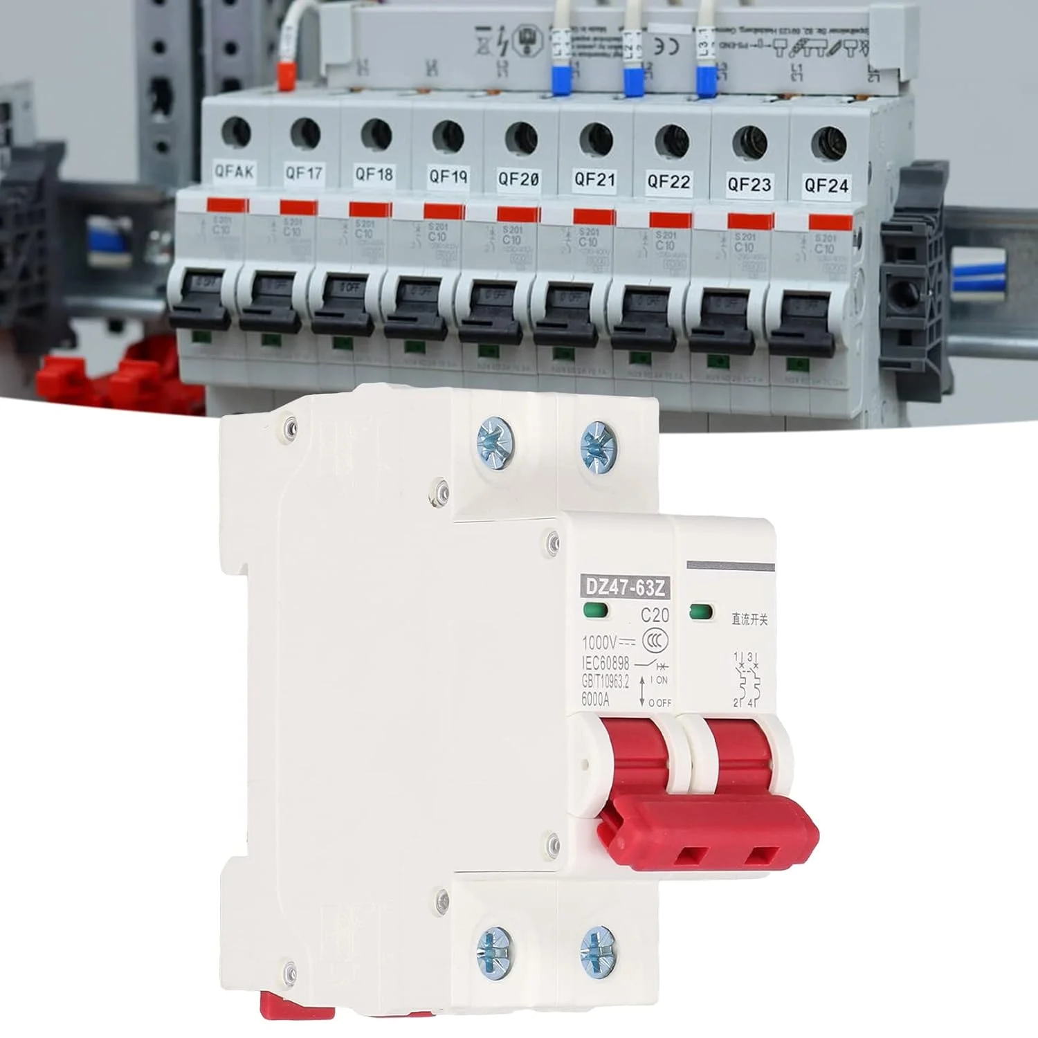 قطع کننده مدار مینیاتوری DC، قطع کننده مدار مینیاتوری DC 2P ایزولاتور سیستم PV خورشیدی نصب شده روی ریل DIN 1000V 20A