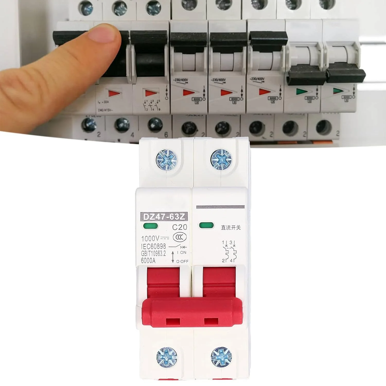 قطع کننده مدار مینیاتوری DC، قطع کننده مدار مینیاتوری DC 2P ایزولاتور سیستم PV خورشیدی نصب شده روی ریل DIN 1000V 20A