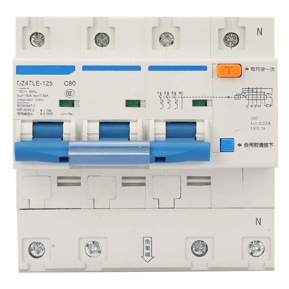 کلید مینیاتوری جریان نشتی، AC 230V 80/100/125A کلید محافظ نشتی DZ47LE-125 3P+N کلید مینیاتوری جریان (C80A)
