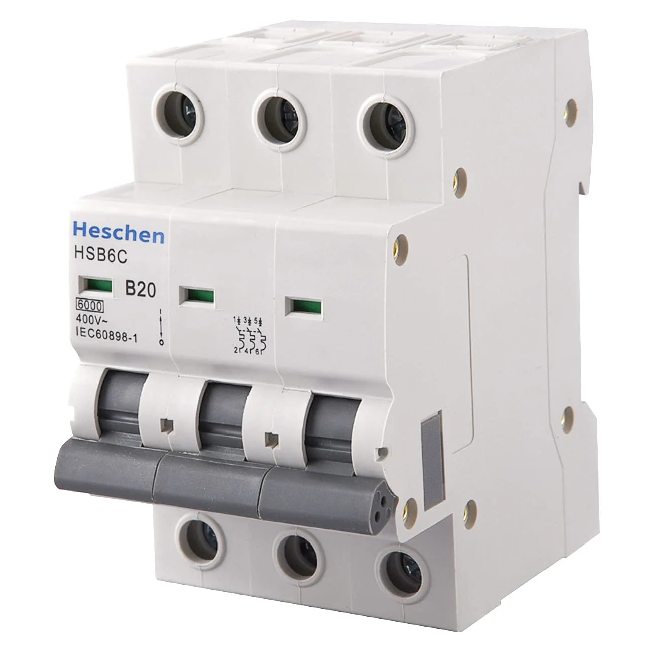 کلید مینیاتوری HSB6C، جریان 20 آمپر، 3 پل، تیپ B، قدرت قطع 6 کیلو آمپر، نصب روی ریل DIN