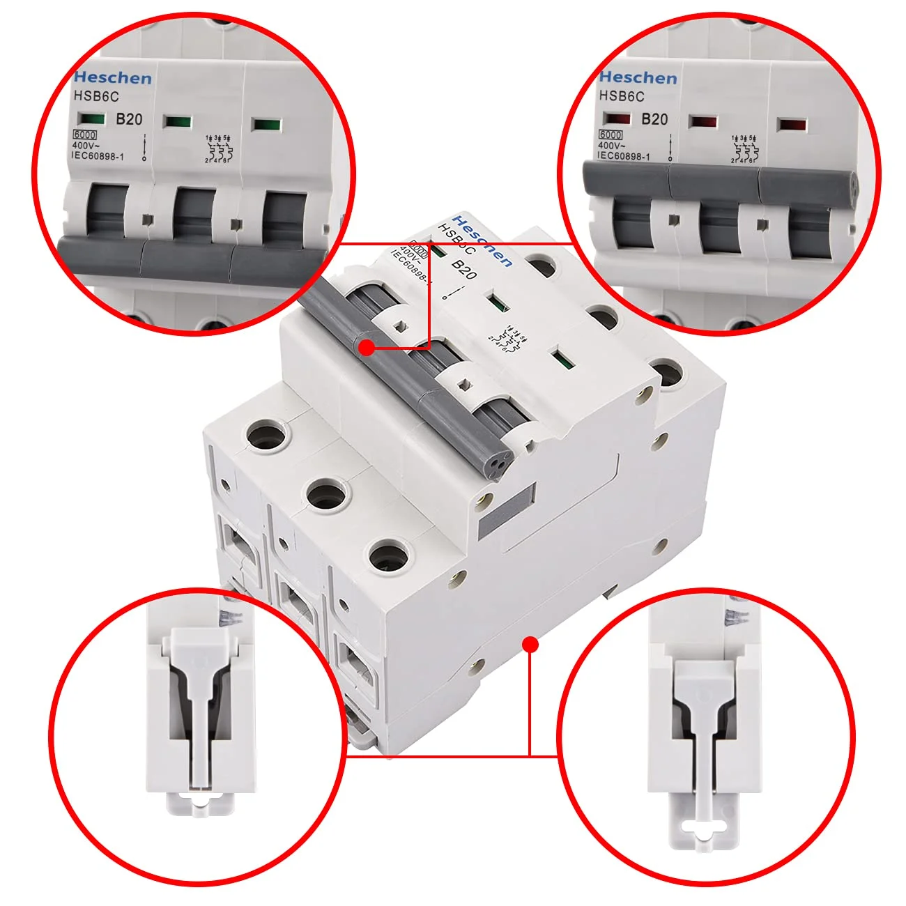 مینیاتوری مدار شکن HSB6C، جریان 20 آمپر، 3 پل، نوع B، ظرفیت قطع 6kA، نصب روی ریل DIN مینیاتوری مدار شکن HSB6C، جریان 20 آمپر، 3 پل، نوع B، ظرفیت قطع 6kA، نصب روی ریل DIN