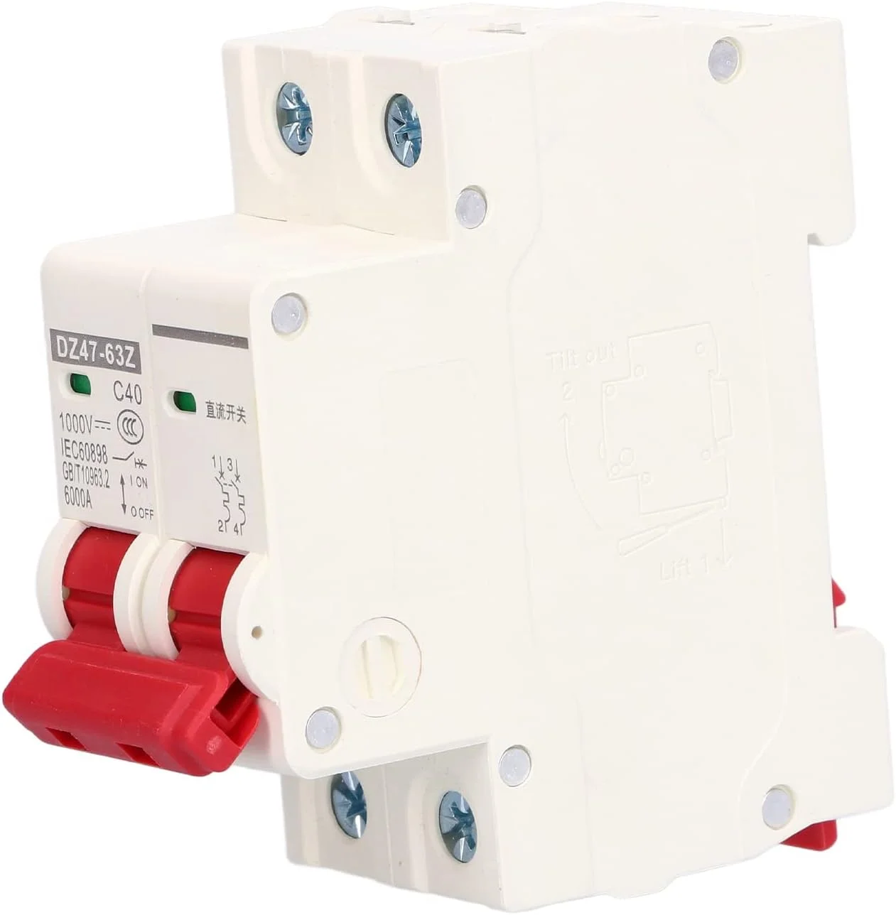 مینیاتوری مدار شکن DC 2P ایزولاتور سیستم PV خورشیدی نصب ریل DIN سیستم قطع الکترومغناطیسی قوس خاموش کننده کمکی 1000V 40A DZ47-63Z C40
