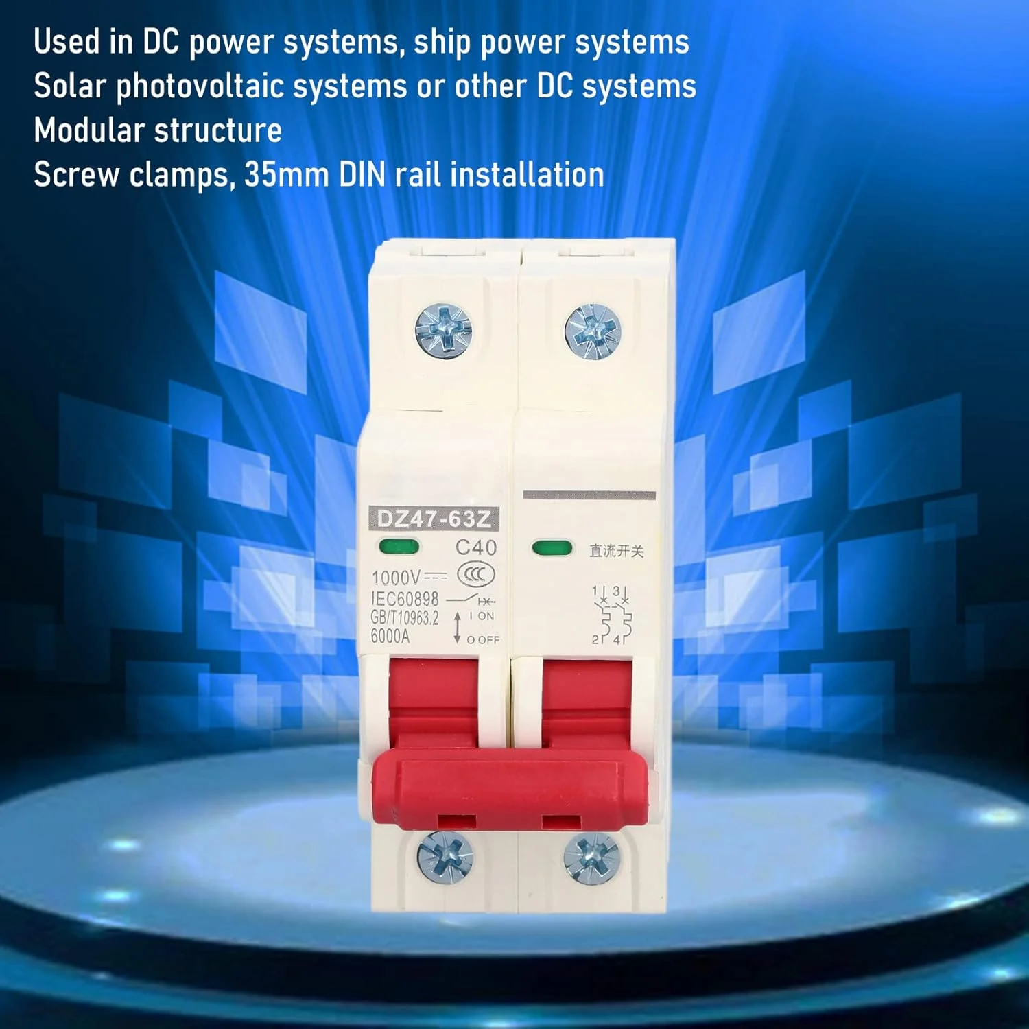 مینیاتوری مدار شکن DC 2P ایزولاتور سیستم PV خورشیدی نصب ریل DIN سیستم قطع الکترومغناطیسی قوس خاموش کننده کمکی 1000V 40A DZ47-63Z C40