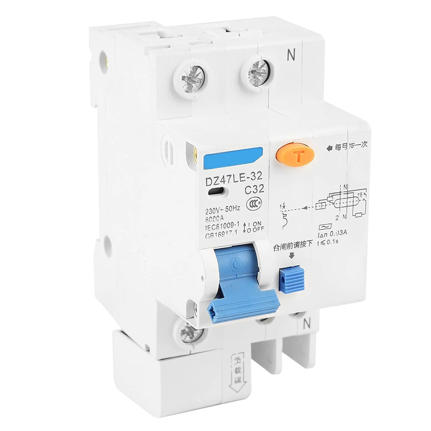 DZ47LE-32 1P+N C32 کلید مینیاتوری RCCB کلید جریان باقیمانده قطع کننده مدار 30mA 230V محافظت از نشت کلید هوا