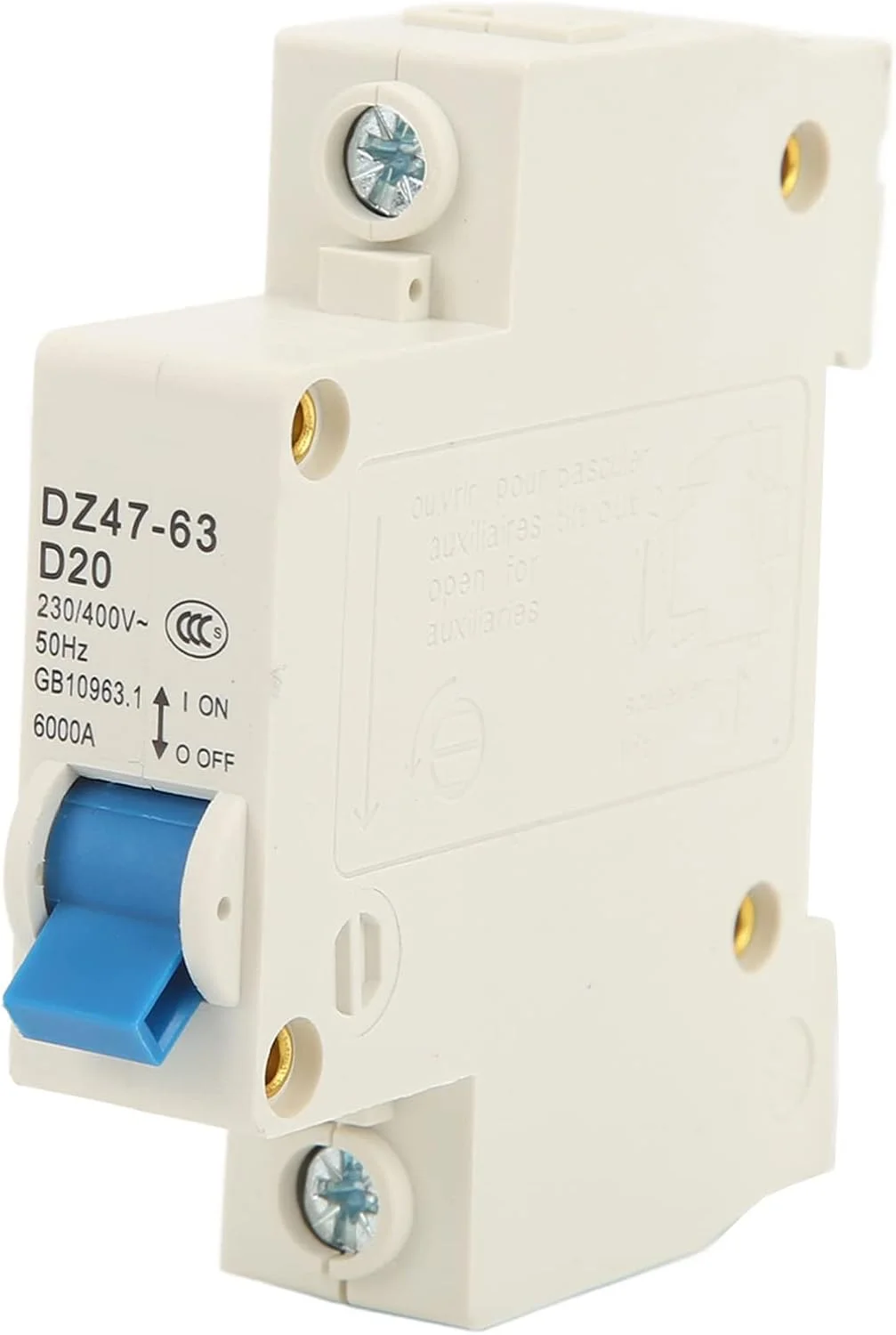 کلید مینیاتوری تک پل 20 آمپر مدل DZ47 63 D20 قابل نصب روی ریل DIN، ولتاژ 230V 400V 50Hz، قدرت قطع 6000A، جنس PA66 مناسب برای خانه و اداره
