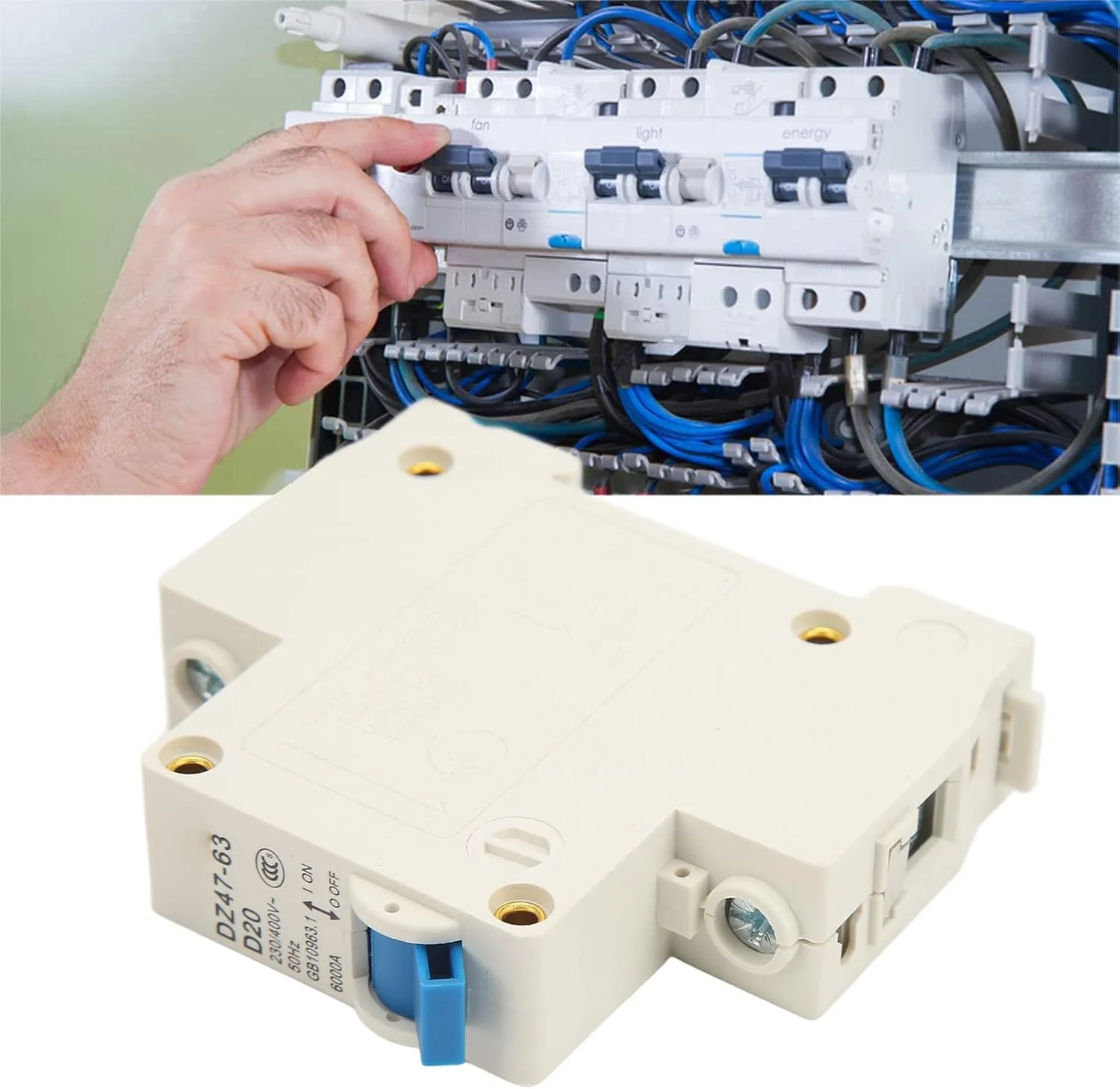 کلید مینیاتوری تک پل 20 آمپر مدل DZ47 63 D20 قابل نصب روی ریل DIN، ولتاژ 230V 400V 50Hz، قدرت قطع 6000A، جنس PA66 مناسب برای خانه و اداره کلید مینیاتوری تک پل 20 آمپر مدل DZ47 63 D20 قابل نصب روی ریل DIN، ولتاژ 230V 400V 50Hz، قدرت قطع 6000A، جنس PA66 مناسب برای خانه و اداره