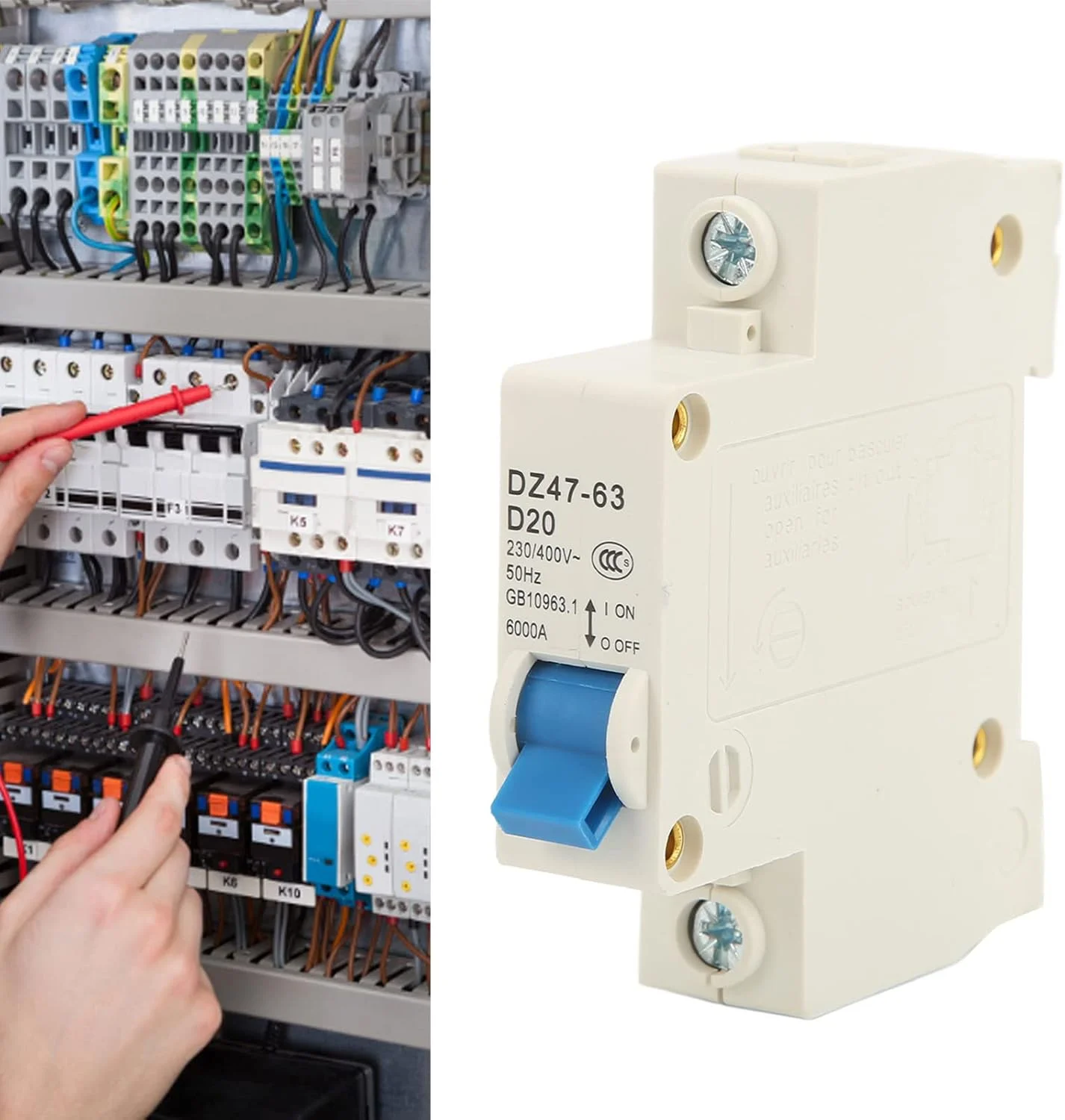 کلید مینیاتوری تک پل 20 آمپر مدل DZ47 63 D20 قابل نصب روی ریل DIN، ولتاژ 230V 400V 50Hz، قدرت قطع 6000A، جنس PA66 مناسب برای خانه و اداره کلید مینیاتوری تک پل 20 آمپر مدل DZ47 63 D20 قابل نصب روی ریل DIN، ولتاژ 230V 400V 50Hz، قدرت قطع 6000A، جنس PA66 مناسب برای خانه و اداره