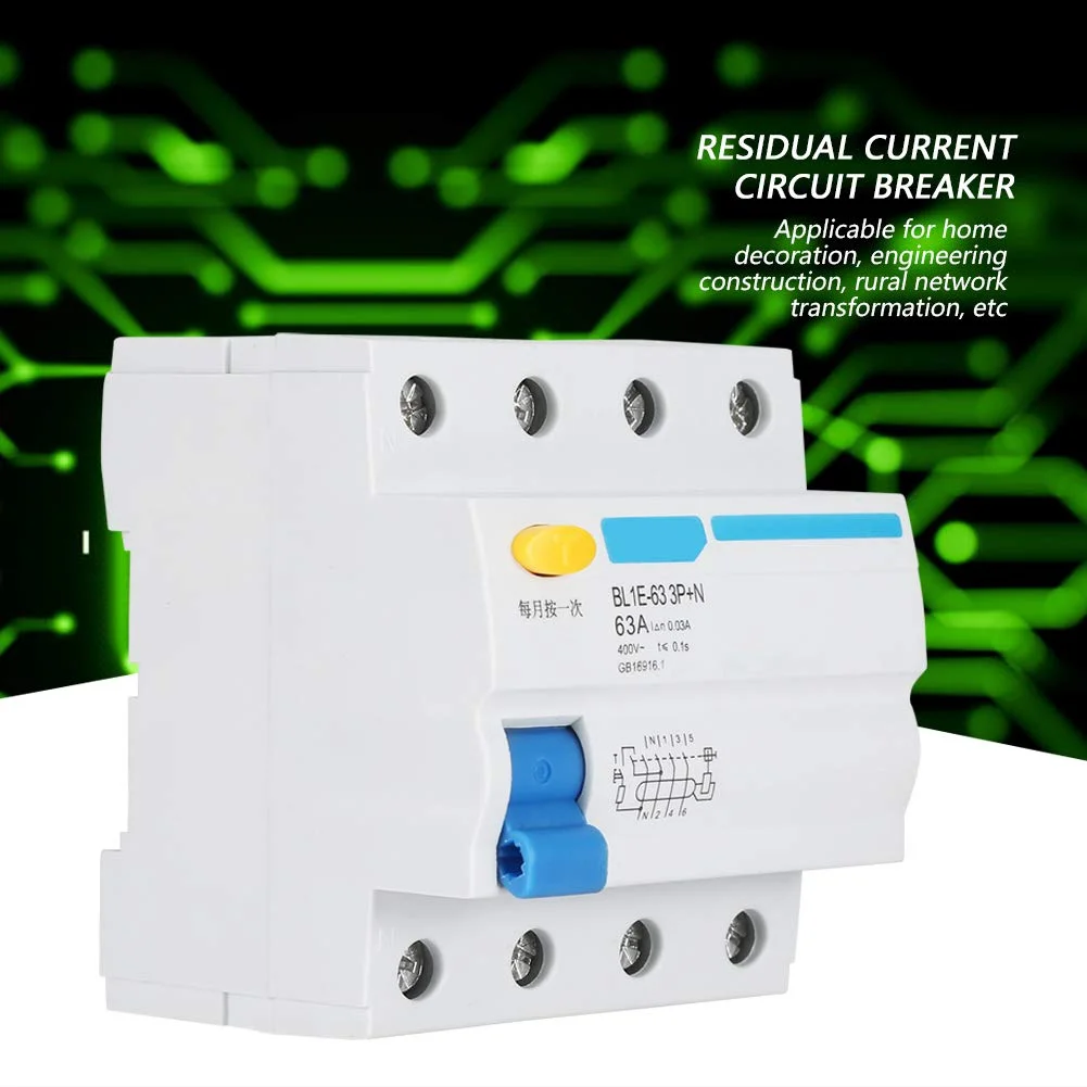 کلید محافظ جان، BL1E-63 3P+N 63A RCCB، کلید مدار با ظرفیت شکست 6kA، کلید مدار جریان AC 230V با اندازه جمع و جور، برای دکوراسیون منزل، ساخت و ساز مهندسی، شبکه روستایی کلید محافظ جان، BL1E-63 3P+N 63A RCCB، کلید مدار با ظرفیت شکست 6kA، کلید مدار جریان AC 230V با اندازه جمع و جور، برای دکوراسیون منزل، ساخت و ساز مهندسی، شبکه روستایی