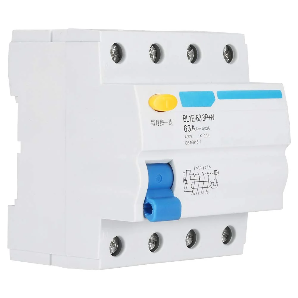 کلید محافظ جان، BL1E-63 3P+N 63A RCCB، کلید مدار با ظرفیت قطع 6kA، کلید مدار جریان AC 230V با اندازه جمع و جور، برای دکوراسیون منزل، ساخت و ساز مهندسی، شبکه روستایی