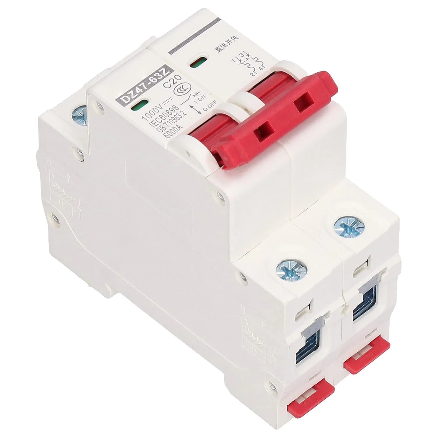 مینیاتوری قطع کننده مدار DC 2P ایزولاتور خورشیدی فتوولتائیک نصب ریل DIN 1000V 20A مدل DZ47-63Z C20 مینیاتوری قطع کننده مدار DC 2P ایزولاتور خورشیدی فتوولتائیک نصب ریل DIN 1000V 20A مدل DZ47-63Z C20