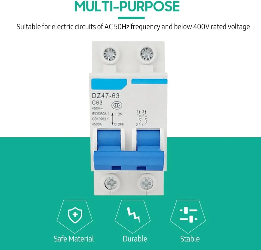 کلید مینیاتوری محافظ جان هلمی، 2 پل، 400 ولت، محافظ نشتی جریان الکتریکی خانگی، نصب روی ریل DIN مدل DZ47-63 کلید مینیاتوری محافظ جان هلمی، 2 پل، 400 ولت، محافظ نشتی جریان الکتریکی خانگی، نصب روی ریل DIN مدل DZ47-63