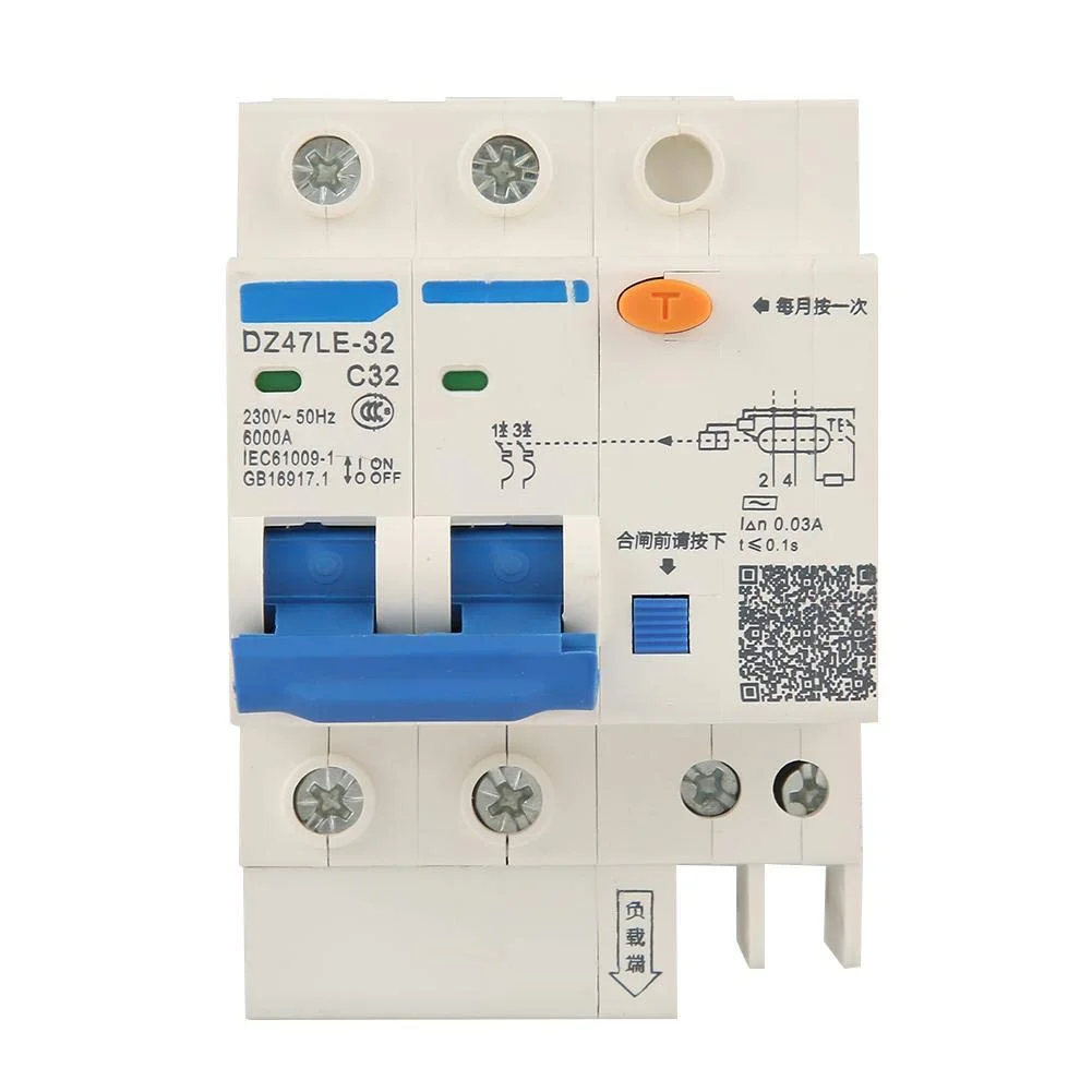 کلید محافظ جان DZ47LE-32 2P+N C32 RCCB، کلید مینیاتوری جریان نشتی 230 ولت 32 آمپر 30 میلی آمپر، کلید هوایی مدار شکن بخش بالا، کلید هوایی کوچک