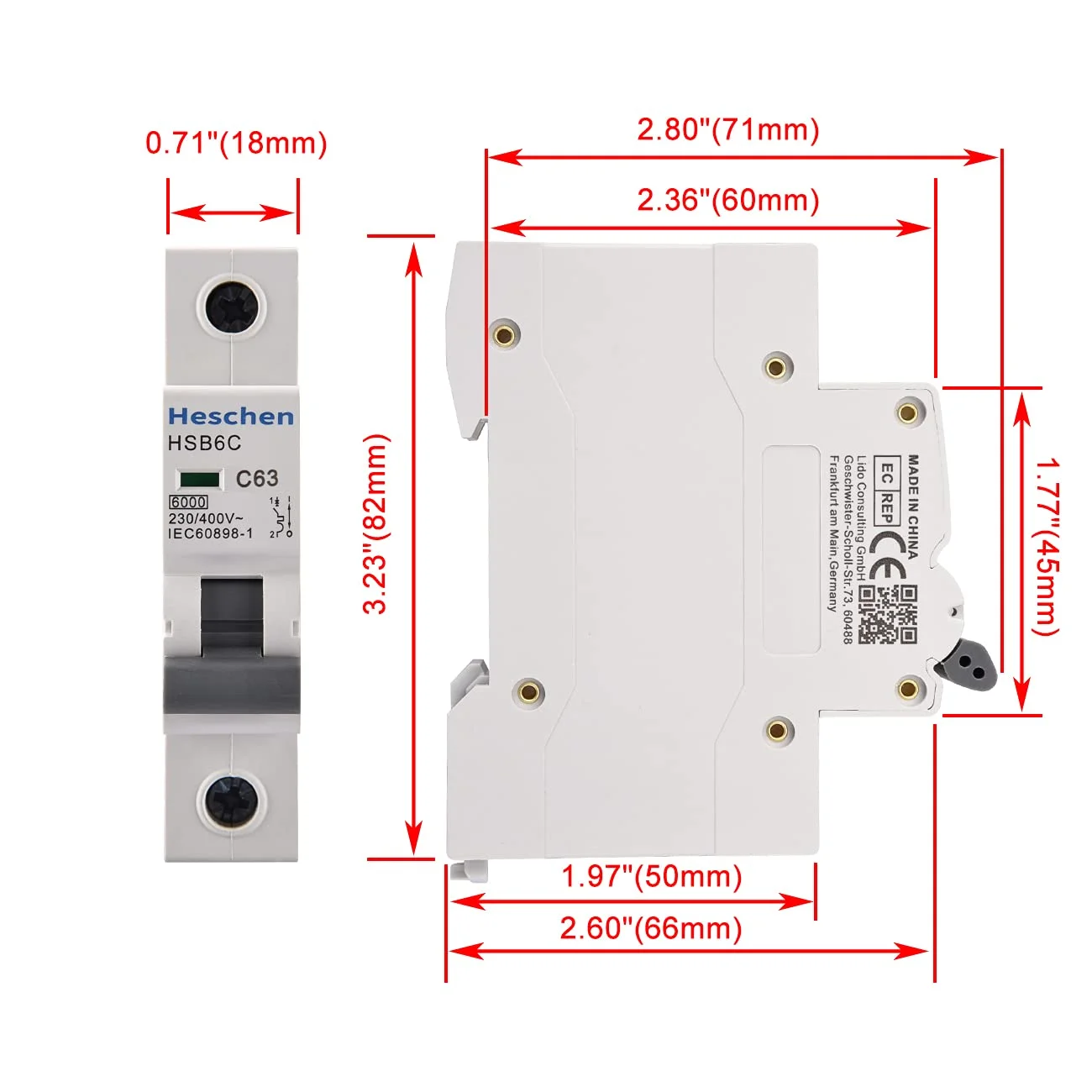 مینیاتوری HSB6C، جریان 63 آمپر، 1 پل، نوع C، قدرت قطع 6kA، نصب روی ریل DIN