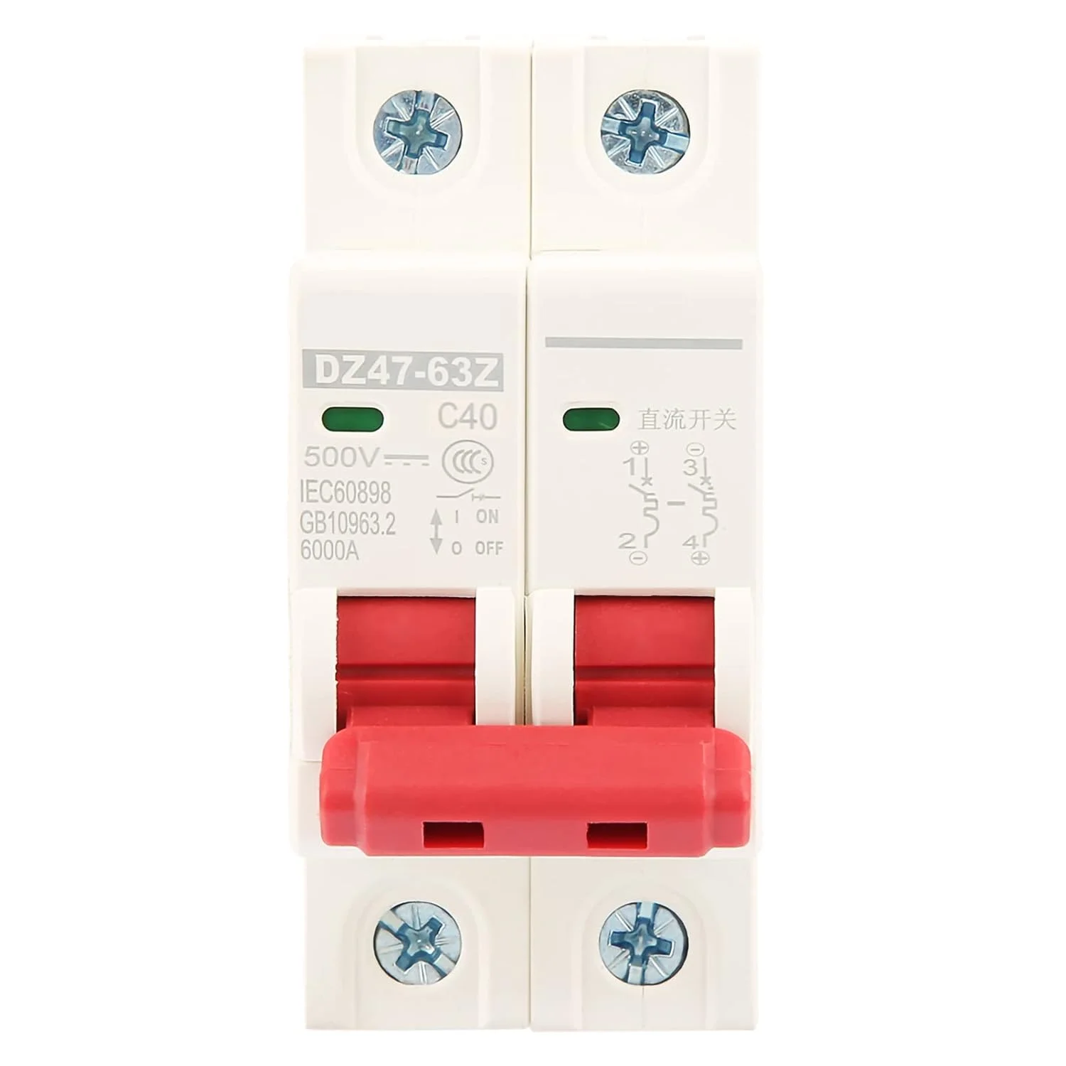کلید مینیاتوری چند منظوره Fdit 2P 40A DC 500V، کلید ایمنی MCB DZ47‑63Z‑2P برای کاربردهای مختلف DC: ظرفیت شکست بالا و سازگار با سیستم های مختلف