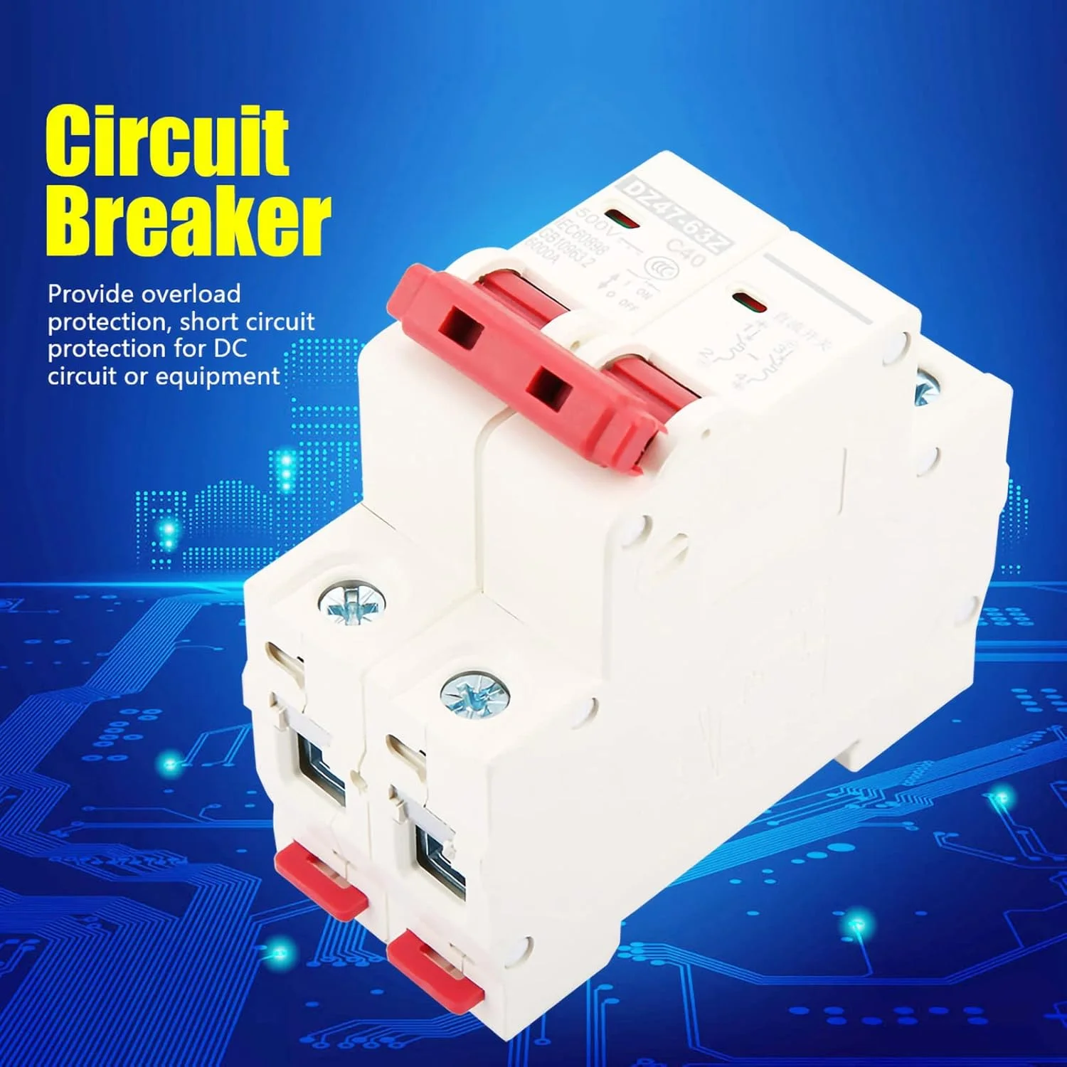 کلید مینیاتوری چند منظوره Fdit 2P 40A DC 500V، کلید ایمنی MCB DZ47‑63Z‑2P برای کاربردهای مختلف DC: ظرفیت شکست بالا و سازگار با سیستم های مختلف