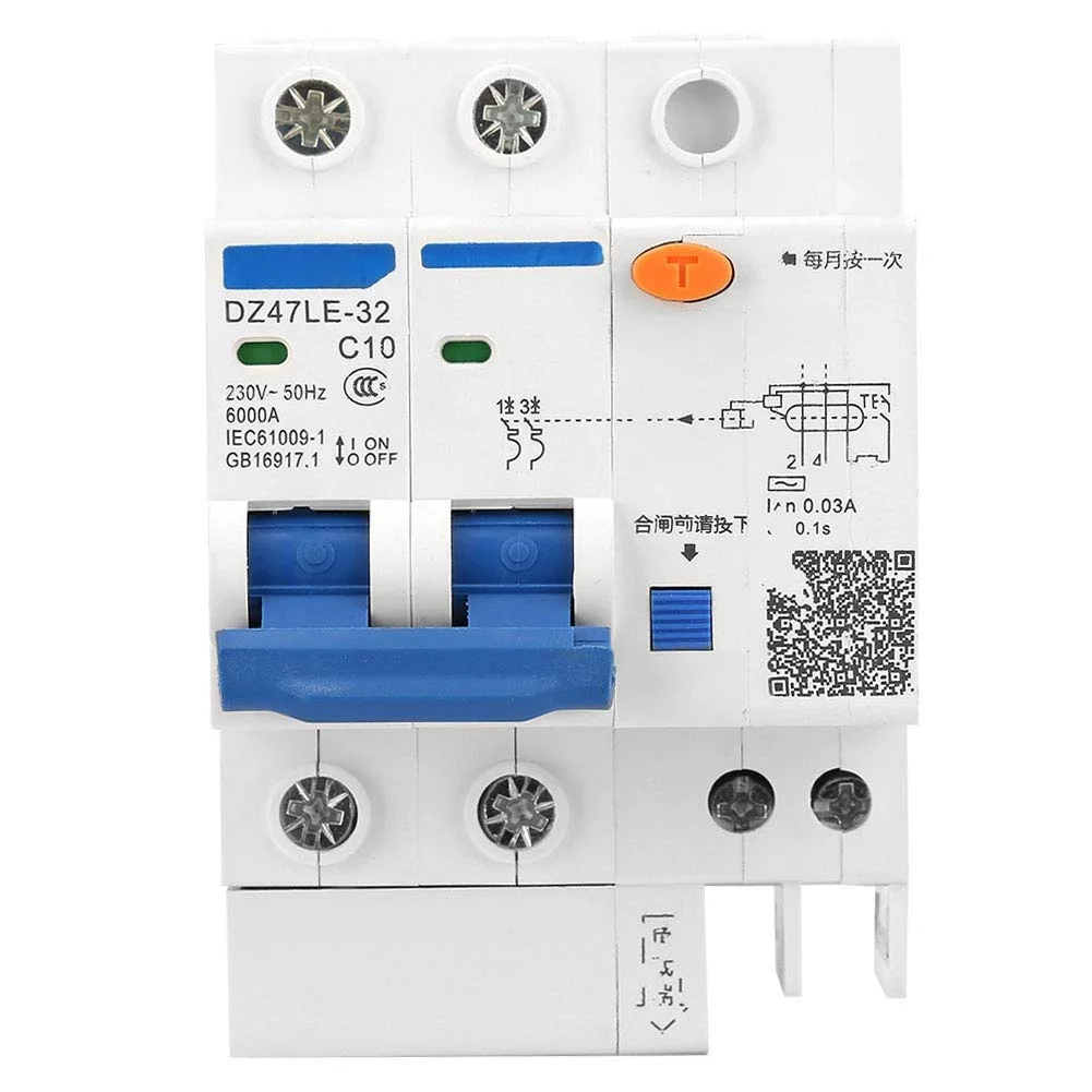 کلید مینیاتوری جریان نشتی DZ47LE-32 2P+2، کلید محافظت از جریان نشتی 230 ولت (C10 10A)