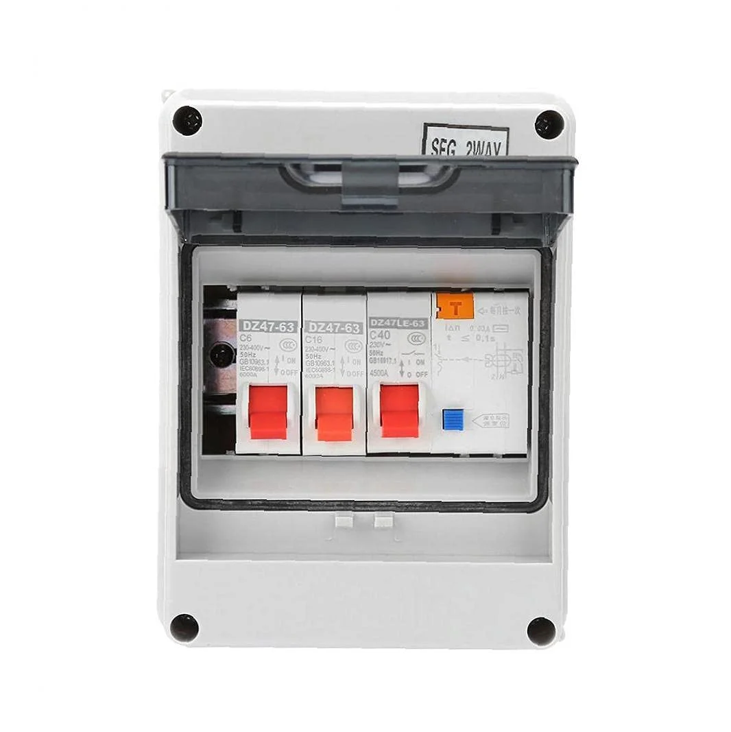جعبه فیوز مینیاتوری 2 راهه با محافظت از نشت جریان، برد فیوز 40 آمپر 30 میلی آمپر RCD 2 MCB 6A+16A