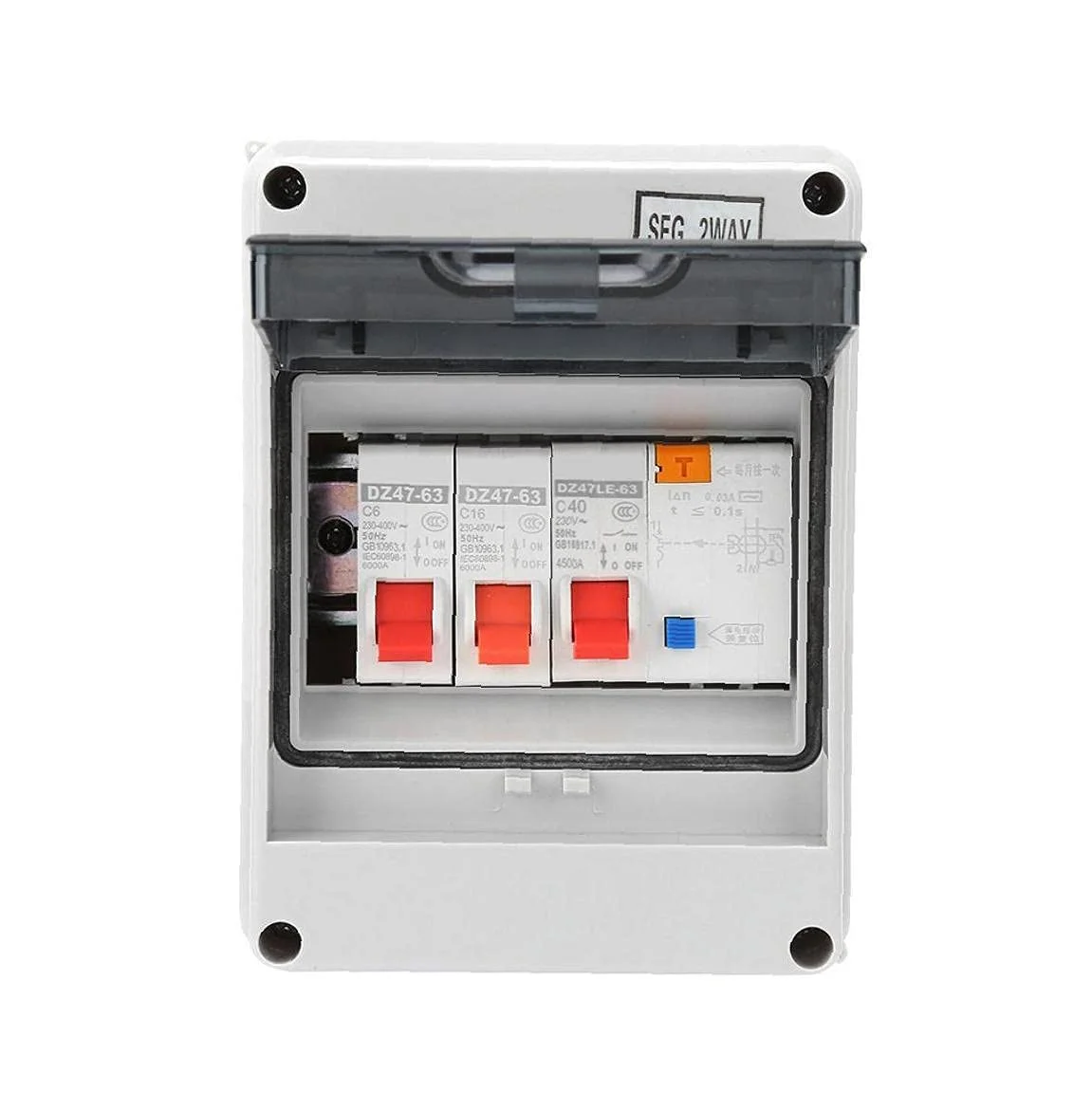 جعبه فیوز مینیاتوری 2 راهه با محافظت در برابر نشتی جریان 40 آمپر 30 میلی آمپر RCD 2 MCB 6A+16A