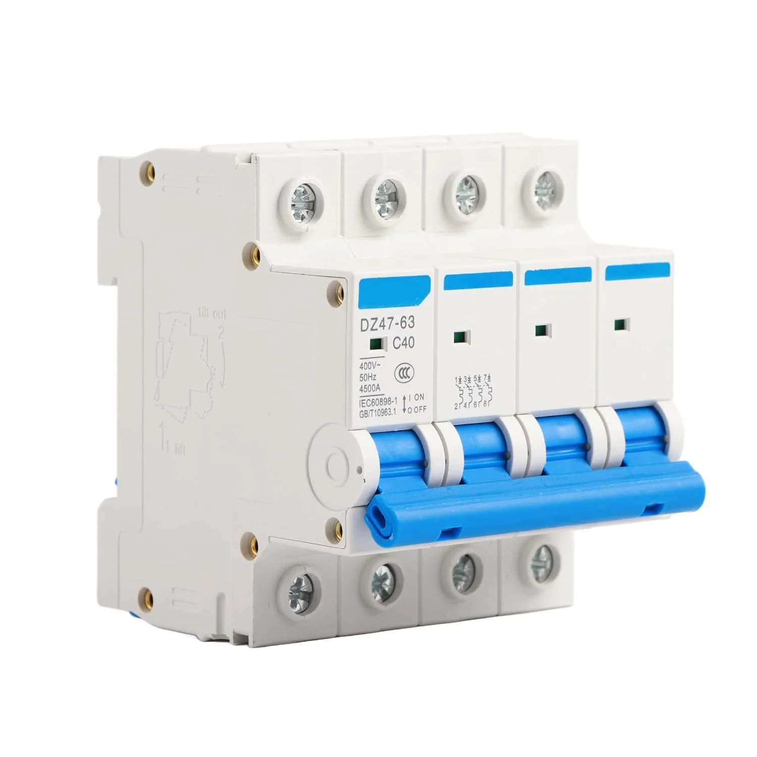 مینیاتوری قطع کننده مدار DZ47 63 4P 40A 400V 50Hz، ضد نشت و فرسایش، مناسب سیستم های انرژی خورشیدی DC