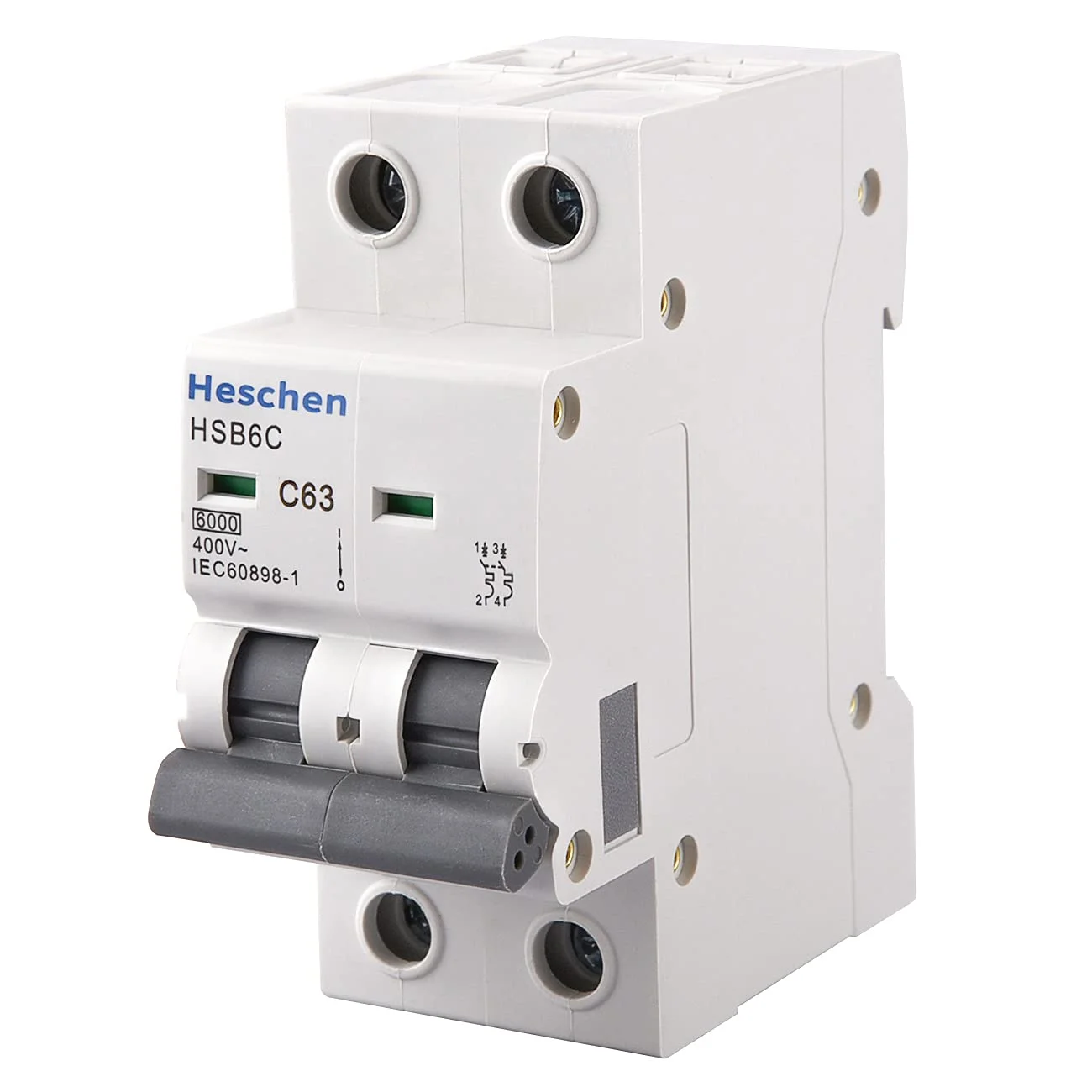 کلید مینیاتوری HSB6C، جریان 63 آمپر، 2 پل، تیپ C، قدرت قطع 6 کیلو آمپر، نصب روی ریل DIN