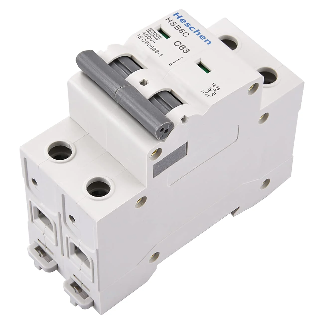 کلید مینیاتوری HSB6C، جریان 63 آمپر، 2 پل، تیپ C، قدرت قطع 6 کیلو آمپر، نصب روی ریل DIN کلید مینیاتوری HSB6C، جریان 63 آمپر، 2 پل، تیپ C، قدرت قطع 6 کیلو آمپر، نصب روی ریل DIN