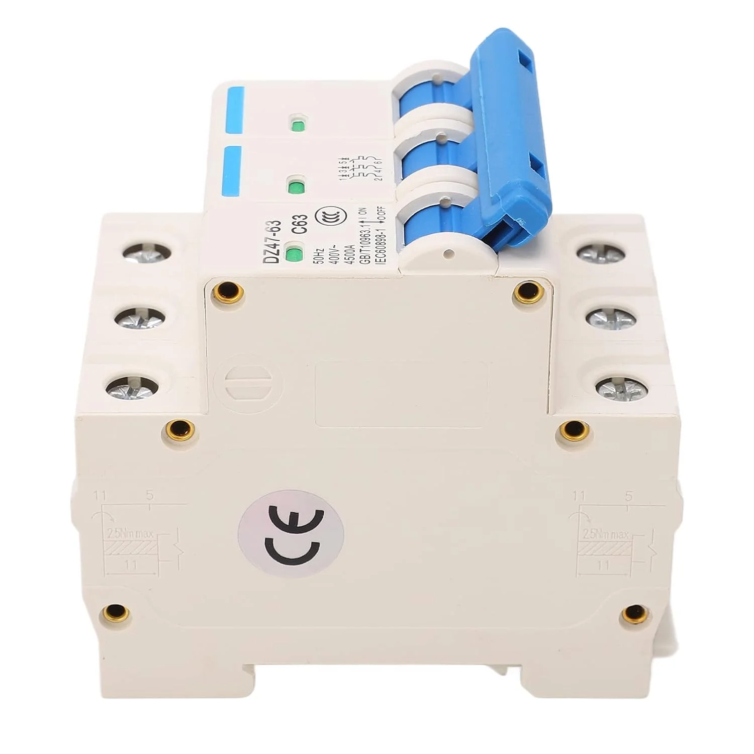 کلید مینیاتوری 3 پل نصب روی ریل DIN، محافظت از اضافه بار، سوئیچ AC 400V 50Hz 63A، ظرفیت شکست 4500A