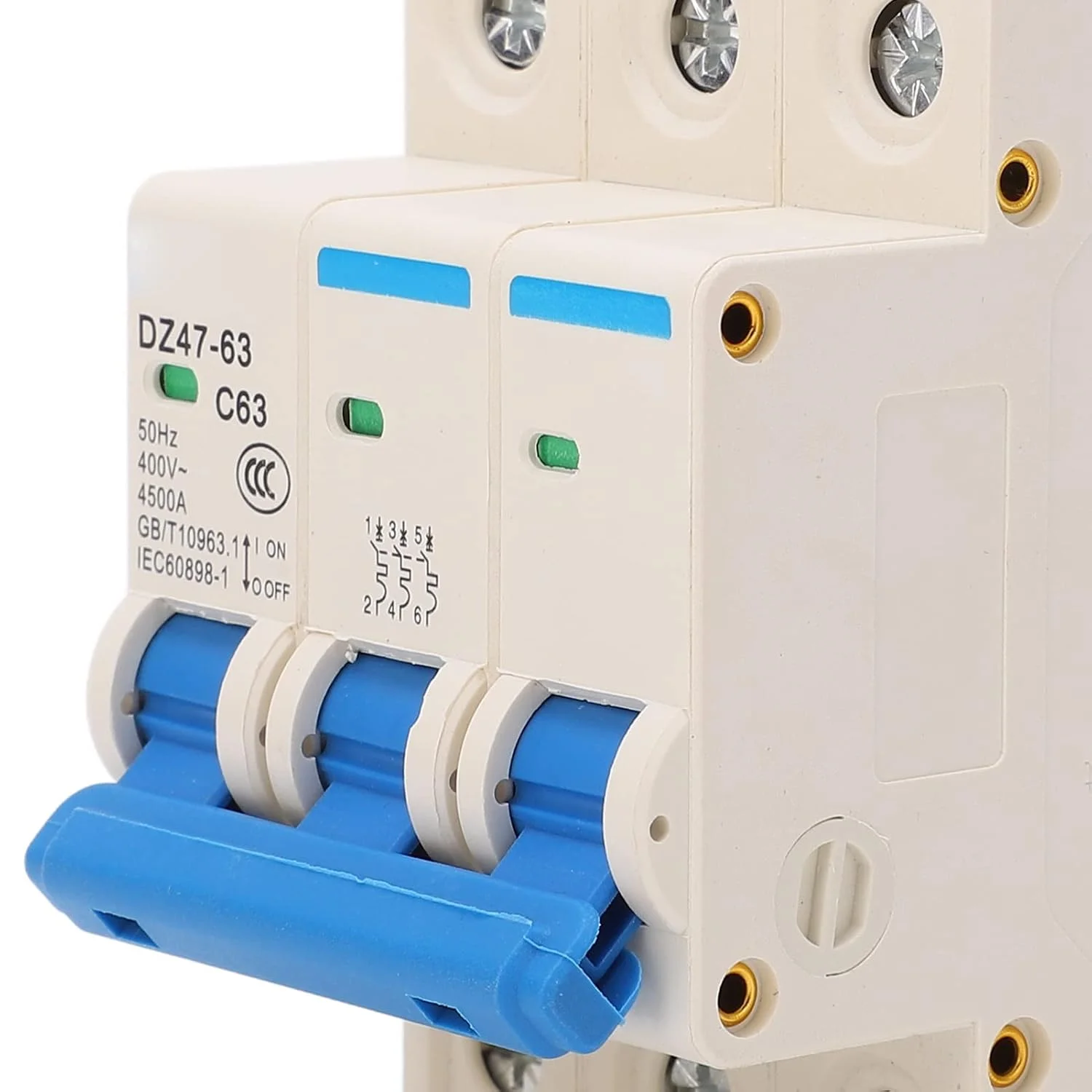 کلید مینیاتوری 3 پل نصب روی ریل DIN، محافظت از اضافه بار، سوئیچ AC 400V 50Hz 63A، ظرفیت شکست 4500A کلید مینیاتوری 3 پل نصب روی ریل DIN، محافظت از اضافه بار، سوئیچ AC 400V 50Hz 63A، ظرفیت شکست 4500A